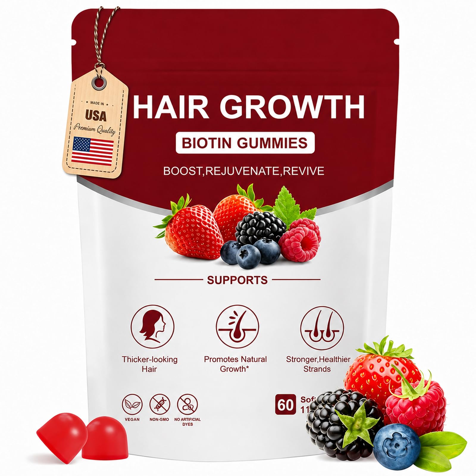 Lumin Hair Gummies with Biotin & Collagen, Mixed Berry Flavor, Supports Healthy Hair Growth & Strength, Skin & Nails, Vegan & Non-GMO, 60 Gummies