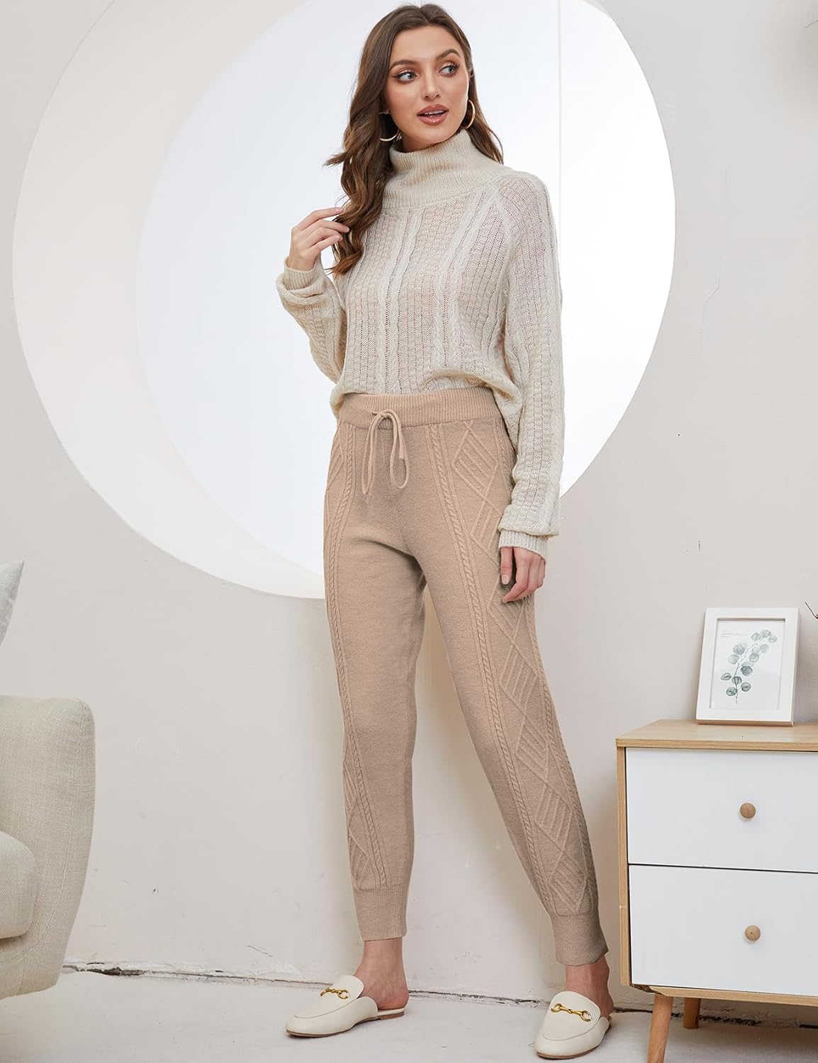 Gihuo Women's Cable Knit Sweater Pants - Long Harem Joggers with Drawstring Elastic Waist (Camel-S) - Image 2
