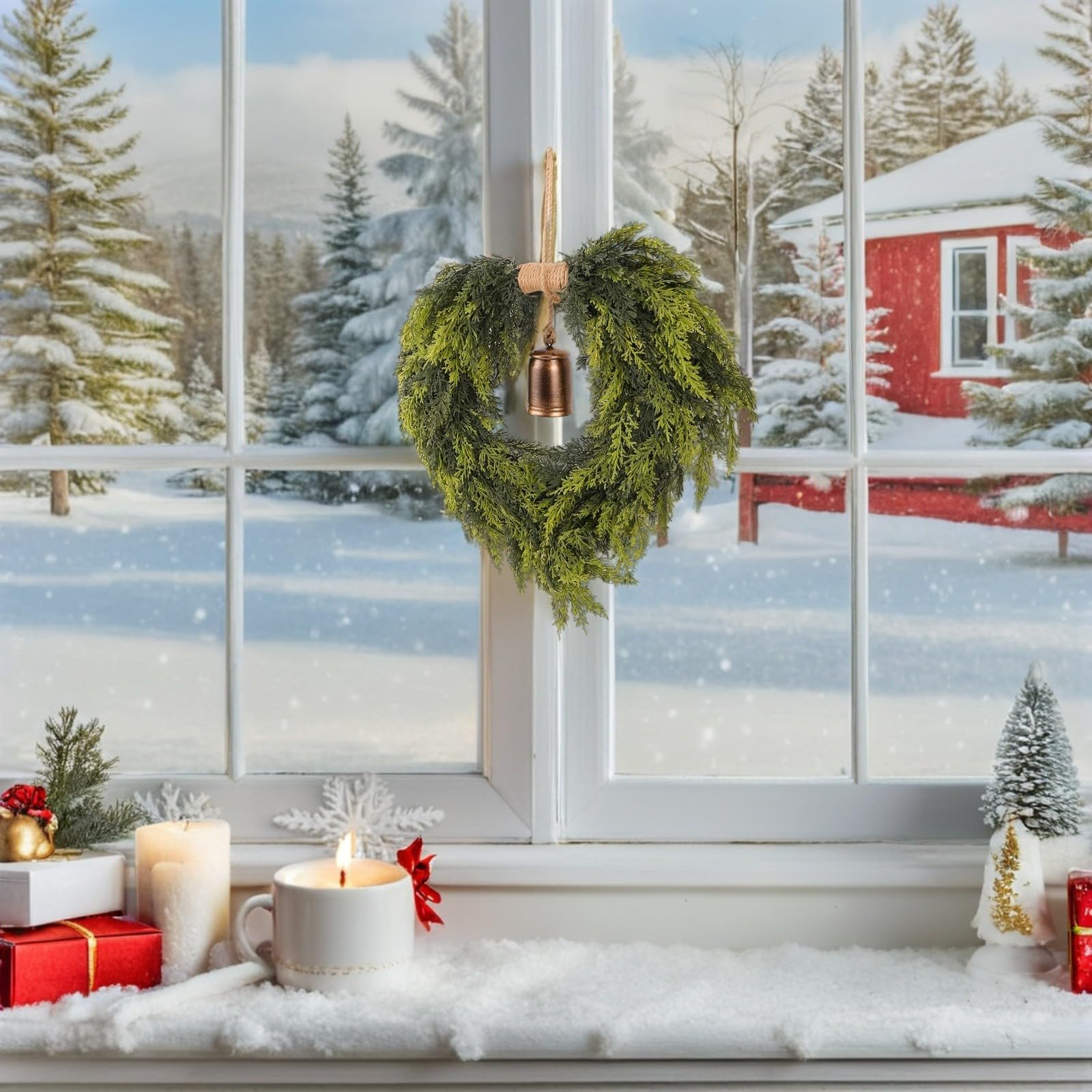 YARNOW Couronne de Noël de Cœur avec Cloches, Guirlande en Pin Artificiel Vert, Décor Réutilisable et Facile à Ranger pour Cheminée et Extérieur