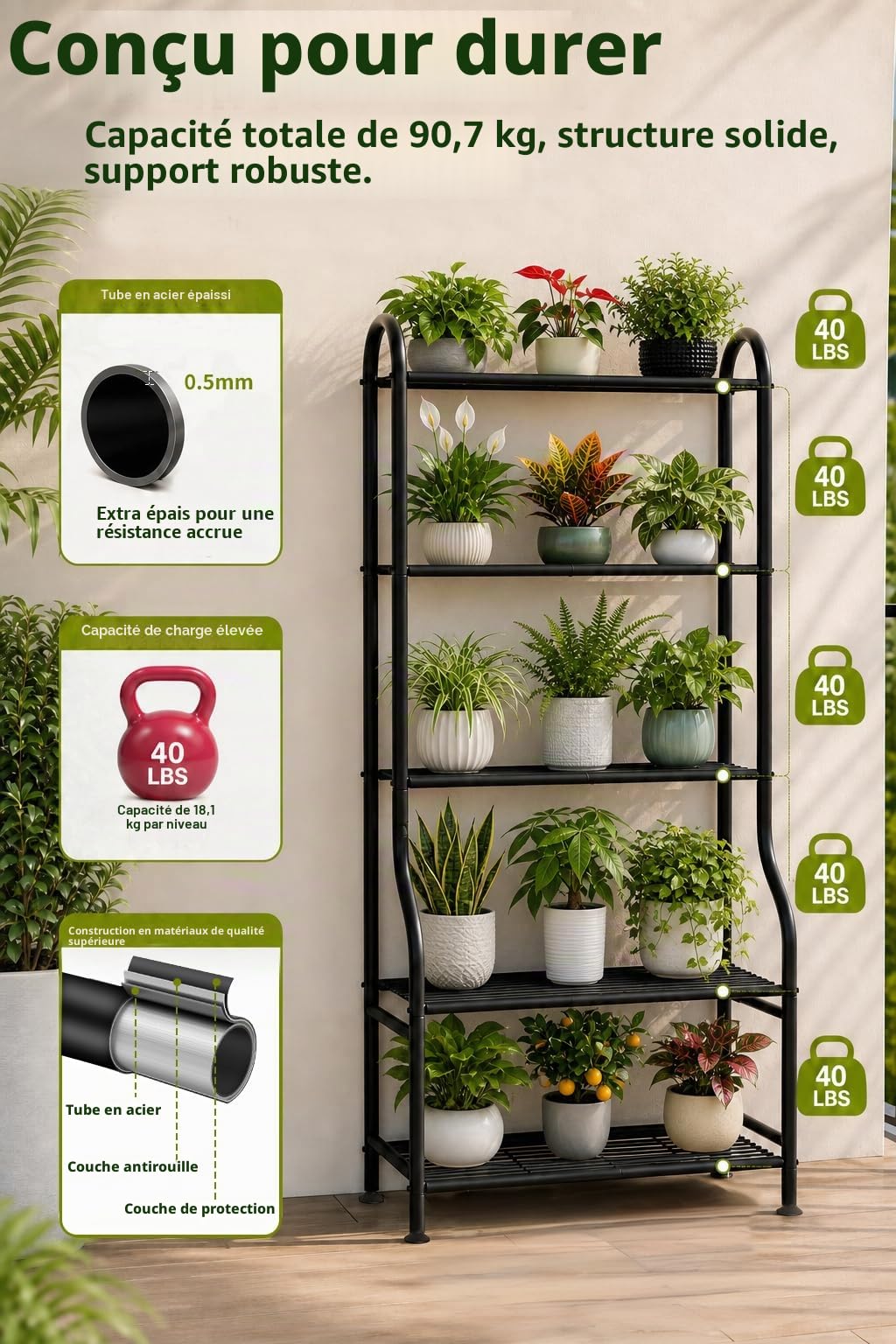 Support en métal pour plantes 5 niveaux 165 cm étagère verticale robuste avec pieds réglables