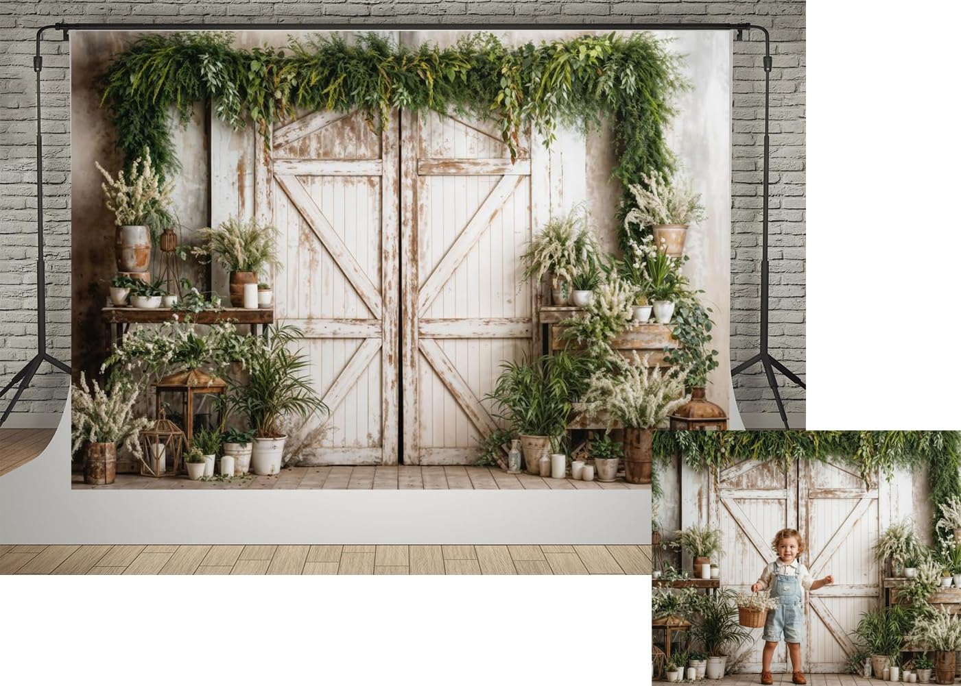 Kate 7x5ft Spring Green Reed Branch Decoration Photography Backdrops Garden Rustic White Wooden Door Photo Background Children Birthday Baby Shower Backdrop