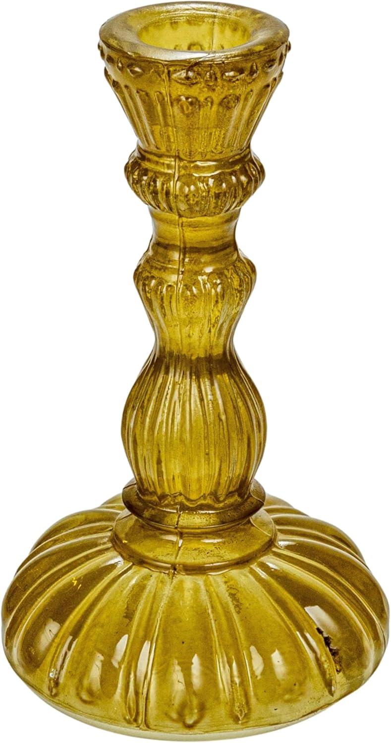 Creative Co-Op Tall Embossed Reclaimed Glass Taper Holder, Chartreuse