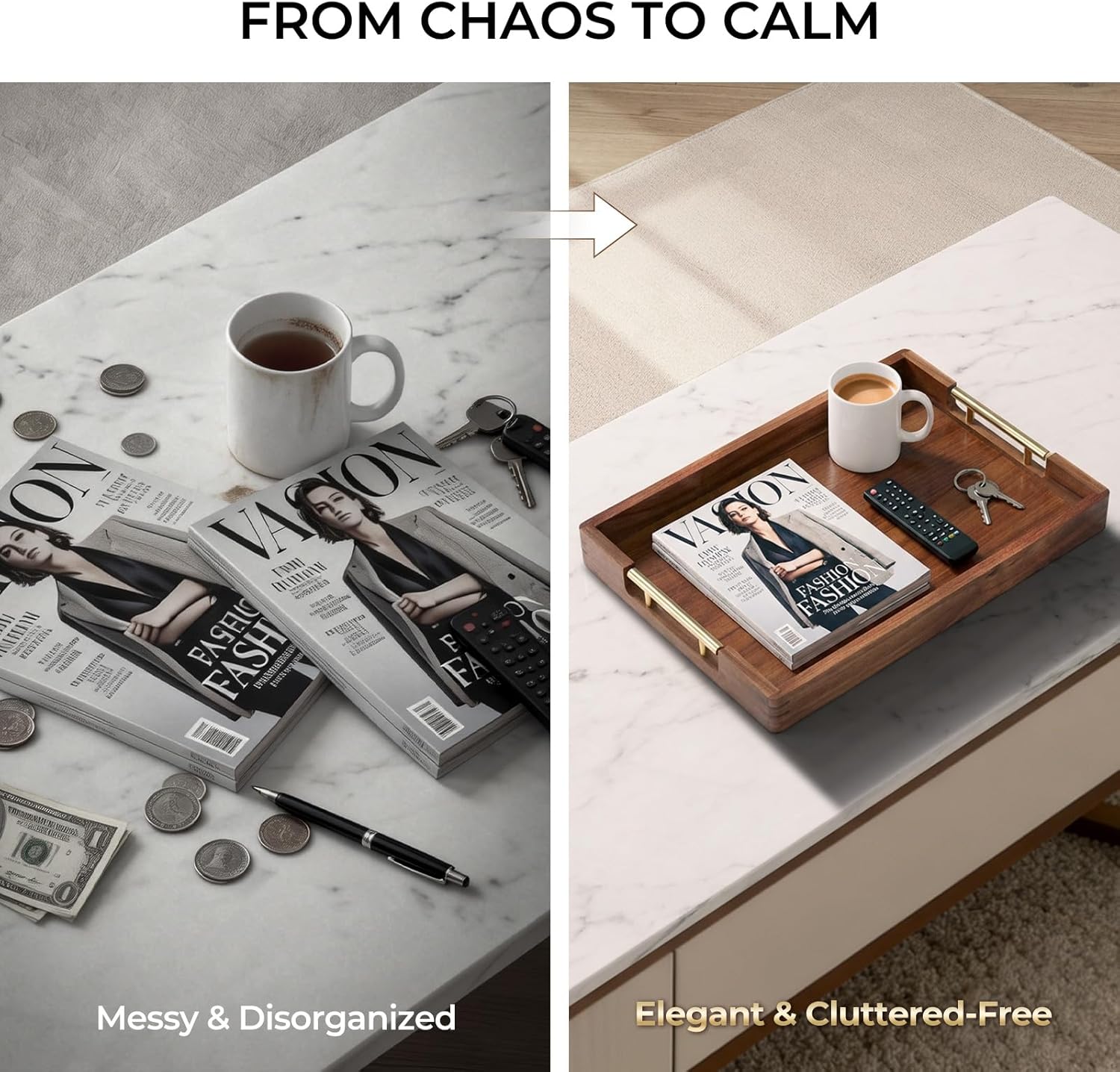 Acacia Wood Serving Tray with 2 Sets of Handles (Gold & Silver) - 17" Large Wooden Tray for Ottoman Coffee Table, Decorative Tray for Living Room & Kitchen - Solid Wood Table Topper