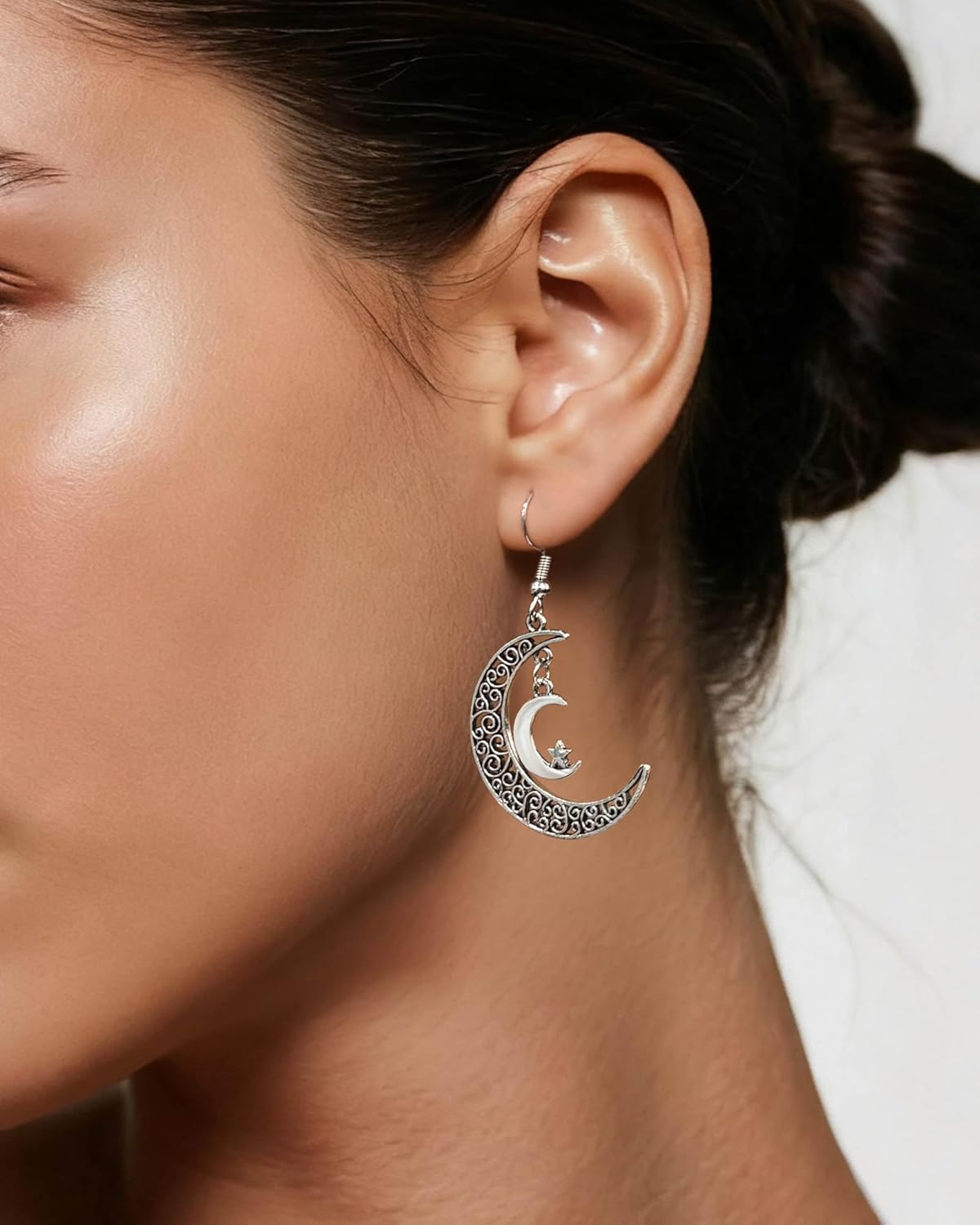 Vintage Silver Star and Moon Dangle Earrings for Women, Hypoallergenic Crescent Moon Drop Dangle Earrings Silver Filigree Celestial Jewelry for Weddings, Sensitive Ears - Image 2