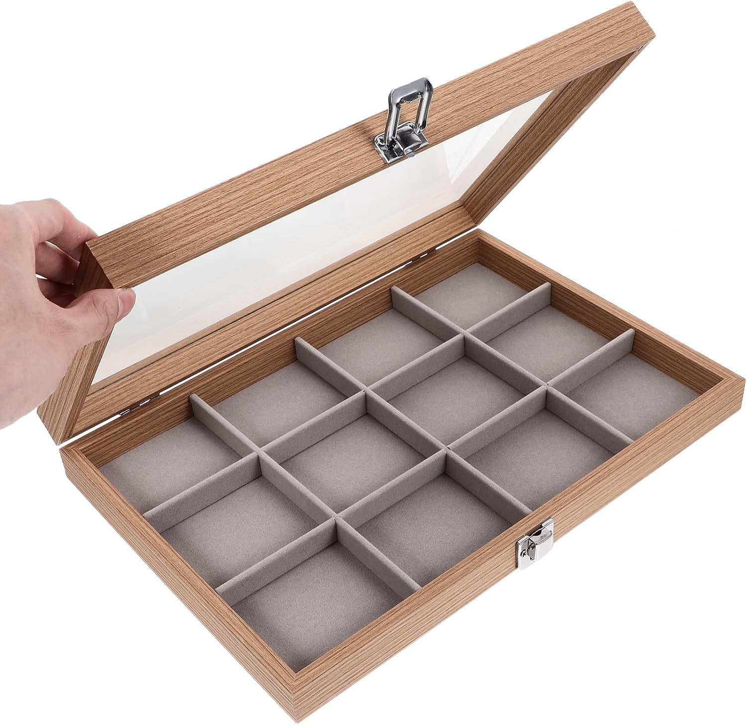 BESTOYARD Wooden Jewelry Organizer Box 12 Large Grid Compartments Glass Lid Jewelry Storage Case Rings and Necklaces for Bedroom and Travel image 4