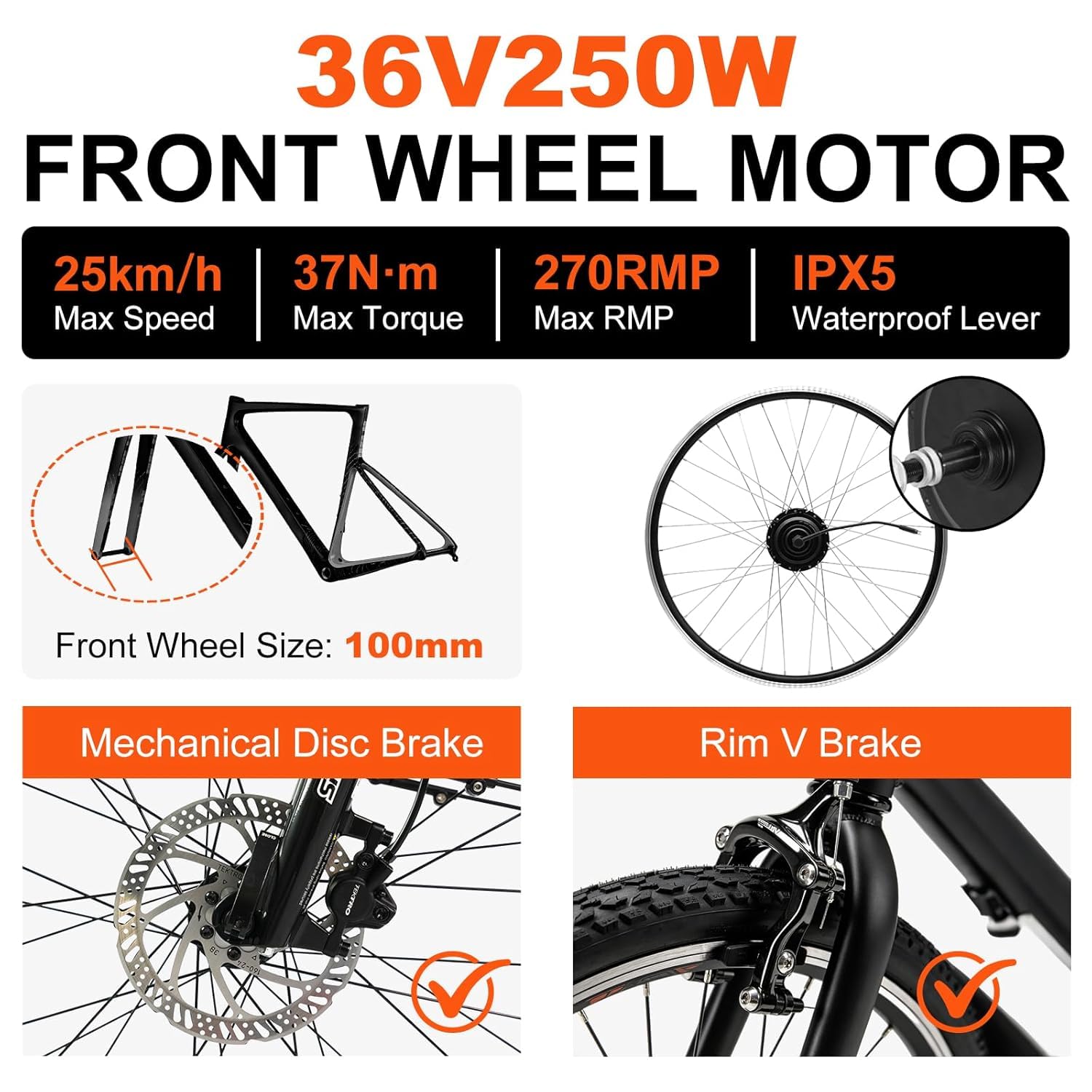 ESOULBIKE E Bike Kit 36V250W Front Wheel Motor 26 Zoll Ebike Umbausatz Komplett mit Contoller, LCD Anzeige, PAS