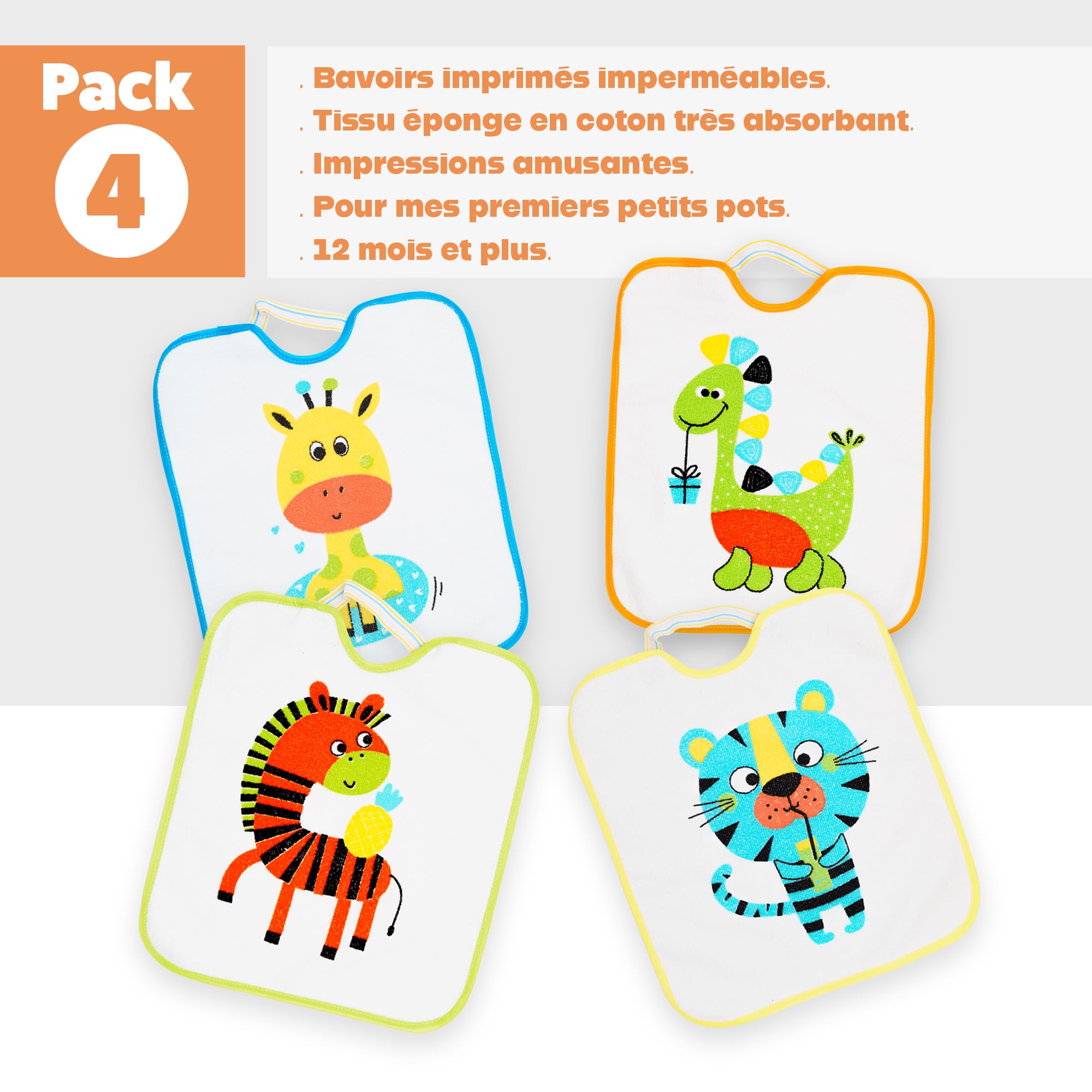Ti TIN Lot De 4 Bavoirs Bébé Imperméables | Éponge 73% Coton 27% Polyester |Fermeture Élastique | Motifs Animaux |Parfaits Pour Maternelle Cantine | Facile À Nettoyer.