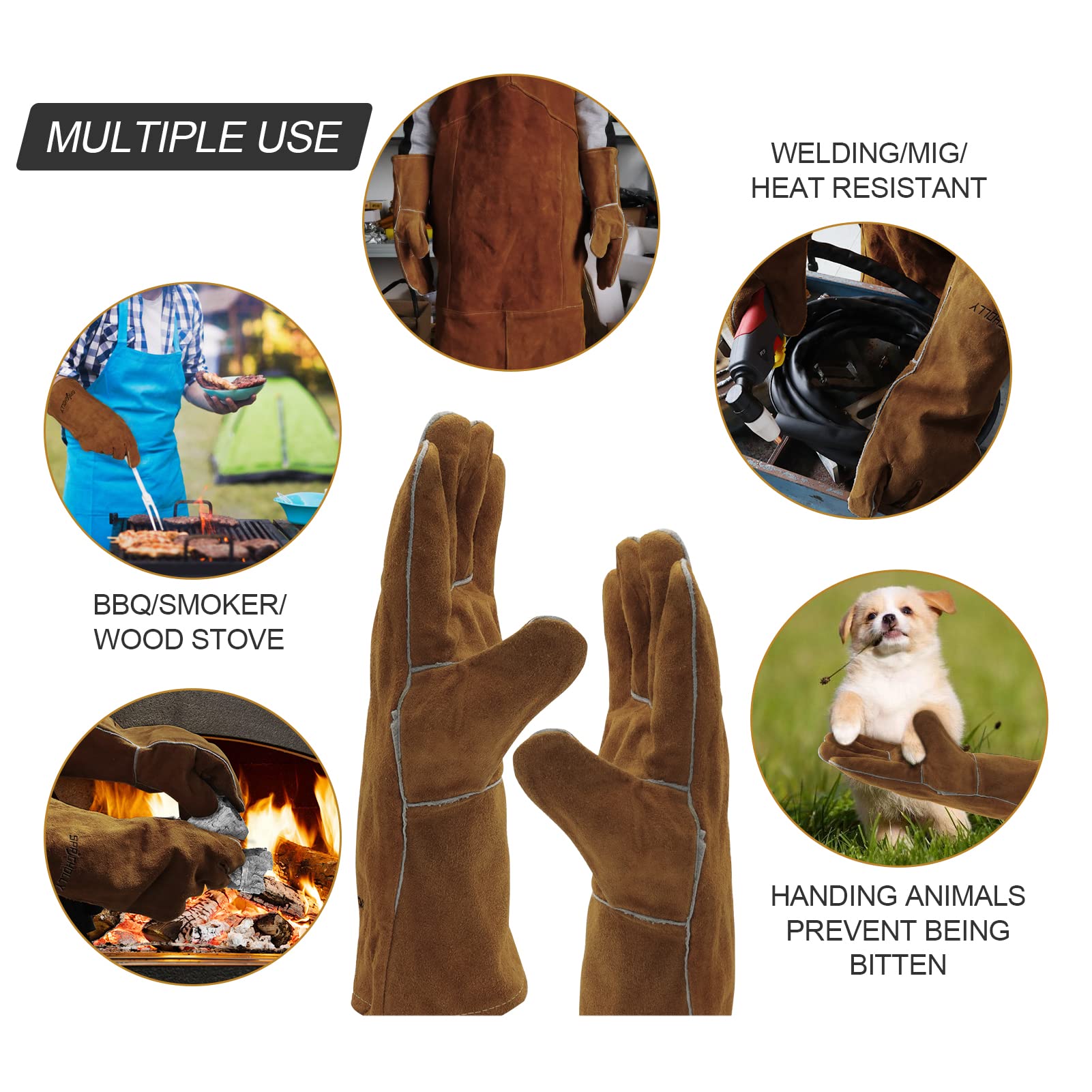 Guantes de soldadura 14 pulgadas 932℉ Guantes de cuero para soldadura forja/mig Resistentes al calor/fuego, horno/parrilla/chimenea/horno/cacerola/caldera/BBQ/manipulación de animales.
