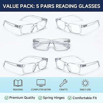 Eyekepper 1.25 Reading Glasses Men, Readers for Women, 5pack Clear Lens