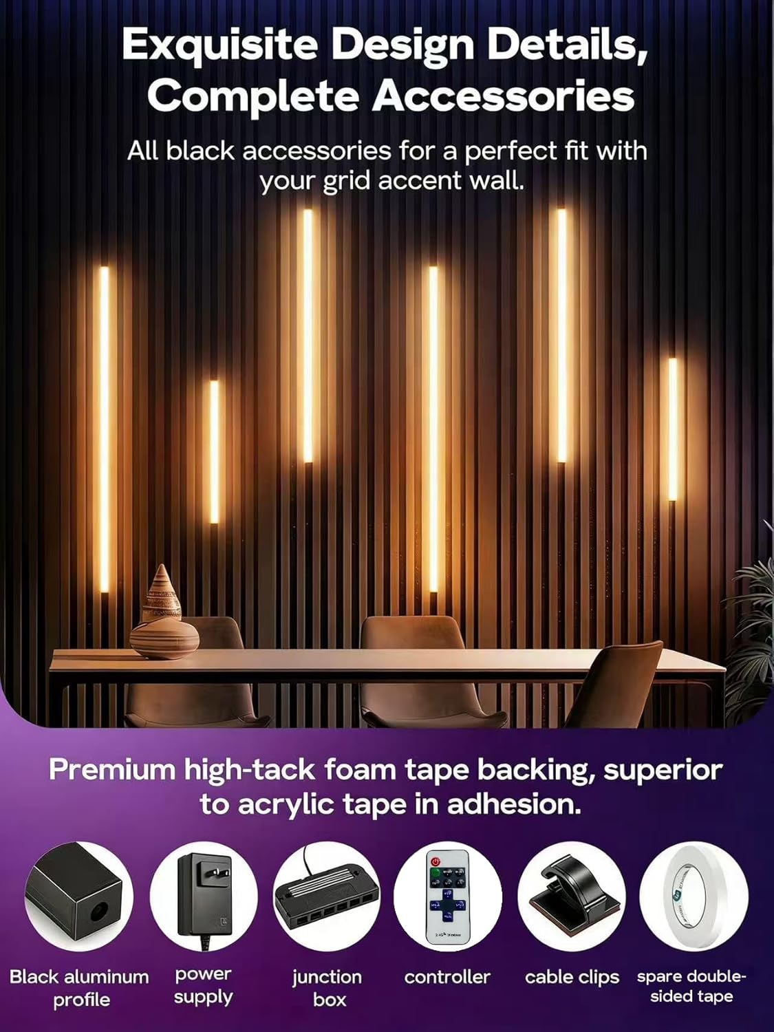 WiFi LED Recessed Lighting Kit for Wall Panels - 6pcs Adhesive Wall Strip Lights for Interior Wall Decor, 3000K Compatible with Alexa & Google Assistant for Wall Accent Acoustic Panels