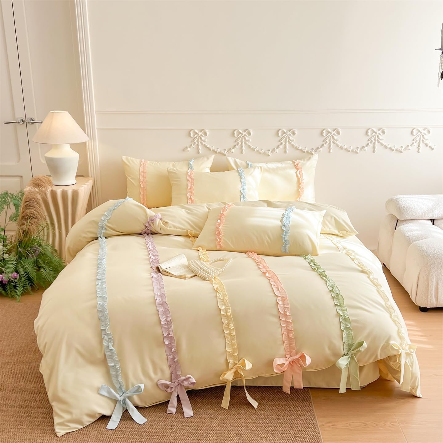 Rainbow Ruffles Bedding Set with Bow,Colorful Striped Duvet Cover, Cute Princess Style 2 PCS Duvet Cover Set-1 Duvet Cover and 1 Pillowcases for Girls Teens Bedroom,No Comforter