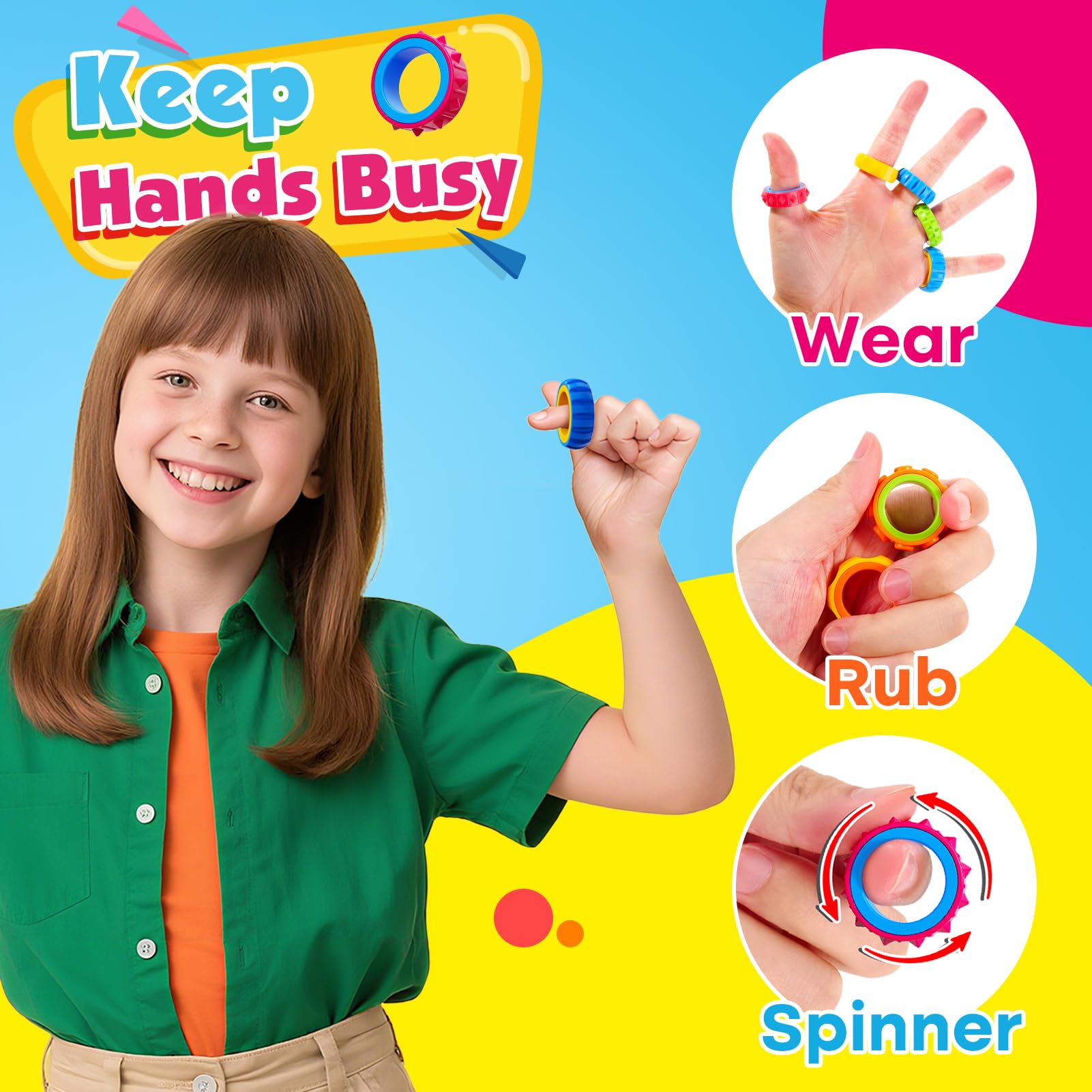 OleOletOy Fidget Toy Sensory Rings for Kids: 24pcs Spinner Ring Bulk, Autism Toys for Stress Calming - Image 3