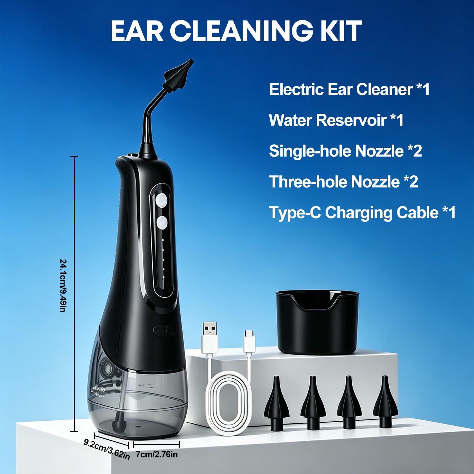 Pulitore elettrico dell'orecchio con 4 modalità di pressione, impermeabile IPX7, doccetta con 4 ugelli, risciacquo dell'orecchio per uso domestico, detergente per orecchie per bambini adulti, nero