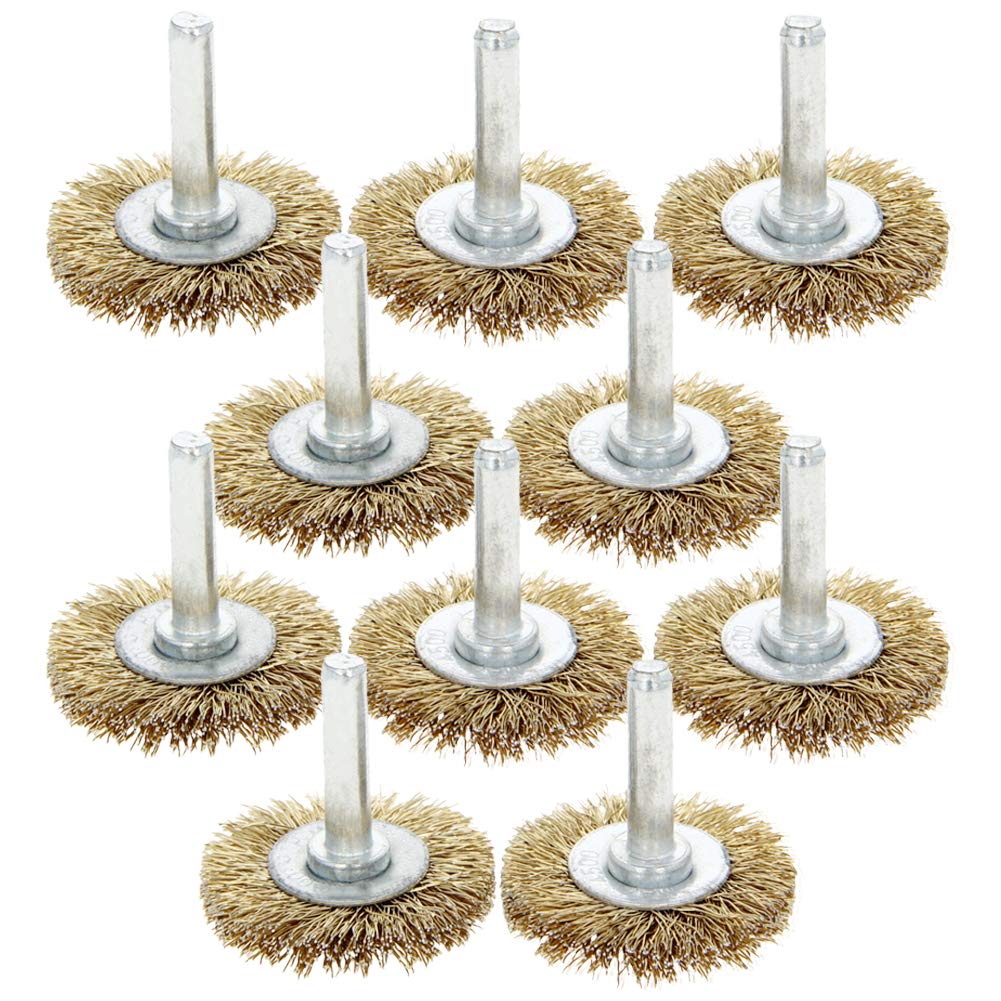Utoolmart Wire Wheel Brush, with 1/4-inch Shank Steel Wire Brush, Wire Brush for Drill, 38mm Wire Brush, Copper-Plated Yellow Steel Wire, for Removing Rust Polishing Metals, 10 Pcs