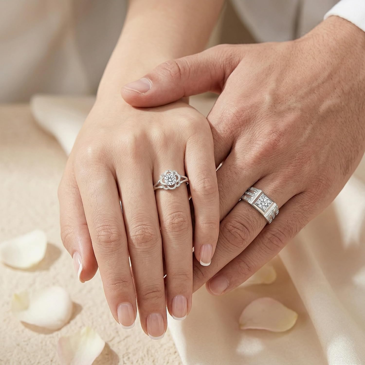 WSX Personalized 1 to 3 Carat Adjustable Diamond Couple Rings Set, Matching Couple Open Rings for Him and Her Wedding Bands for Promise Engagement Anniversary Bridal Jewelry