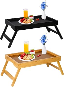 Bed Tray Table for Eating with Folding Legs, Bamboo Breakfast Table in Bed for Eating on Couch, Bed, Laptop Computer TrayBamboo + Black