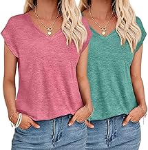 YUTILA 1/2er Pack Tshirt Damen Sommer Casual Basic Shirt Einfarbig Kurzarm Tee Tops Oberteile V Ausschnitt Locker Lässig T Shirt