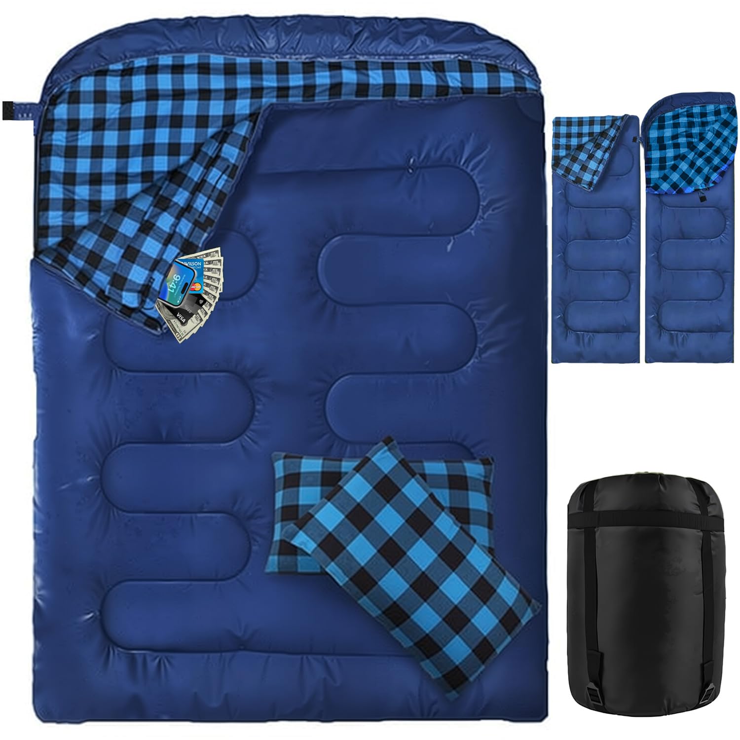Doppelschlafsack Flanell, 2 Personen Schlafsack Outdoor 220 x 160 cm, Verbesserter Doppel Zippern, mit 2 Kissen und Tragetasche, Erwachsene Deckenschlafsack für Familie