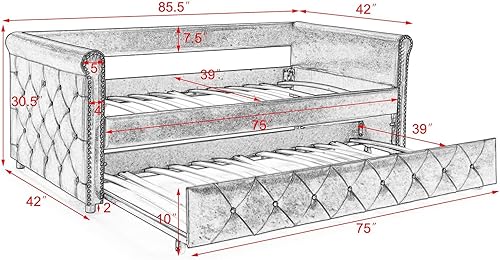 Vista 19 de Sofá cama de tamaño individual con nido, cama de día tapizada y nido, marco de sofá cama nido extraíble, sofá cama nido extraíble, sofá cama
