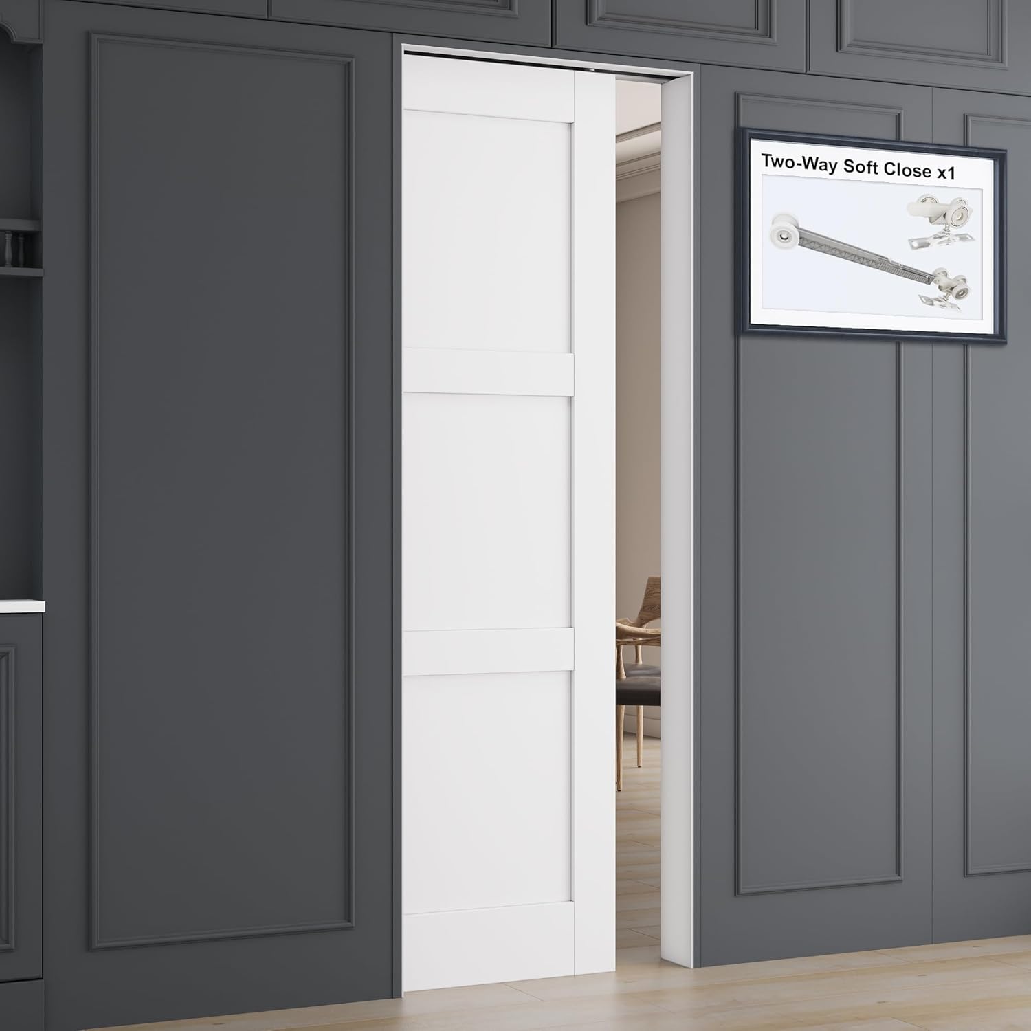 All-Inclusive Soft-Close Solid Core Sliding Pocket Door Pocket 30" x 80" 3 Panel Sliding Door with Frame & Hardware Kit, Pocket Interior Doors for Home, White Living Room Doors