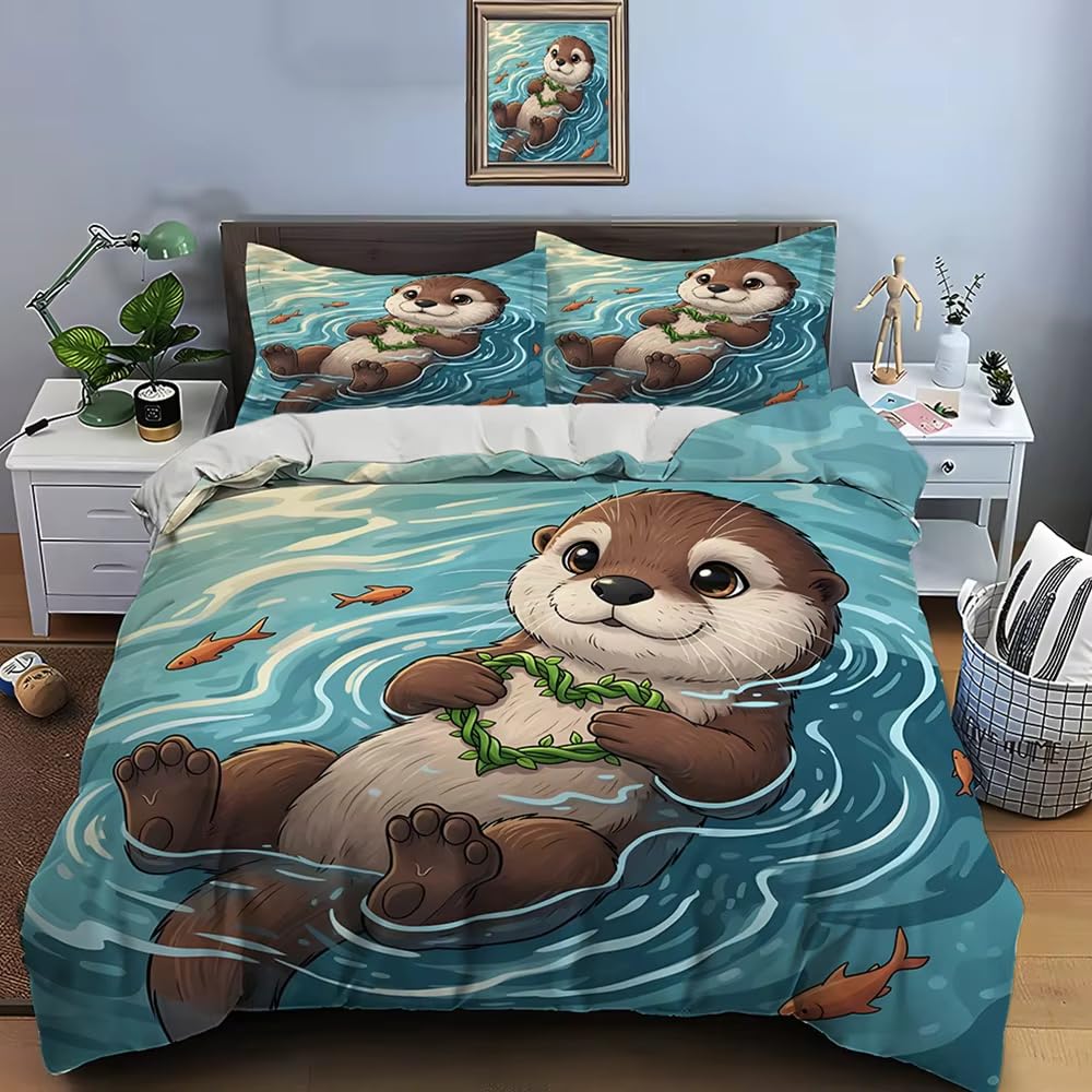 NDXRWDZR King Size Duvet Set Otter Duvet Cover with Zipper Closure Bedding Set for Aldults Kids Soft Hypoallergenic Microfiber Quilt Cover 230x220 cm + 2 Pillowcases 50x75 cm