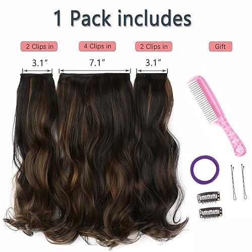 Miniatura 2 de Juego de 3 extensiones de cabello con pinzas, balayage, castaño oscuro medio a rubio ceniza pálido, 20 pulgadas, 6.35 oz, invisible, ondulado,