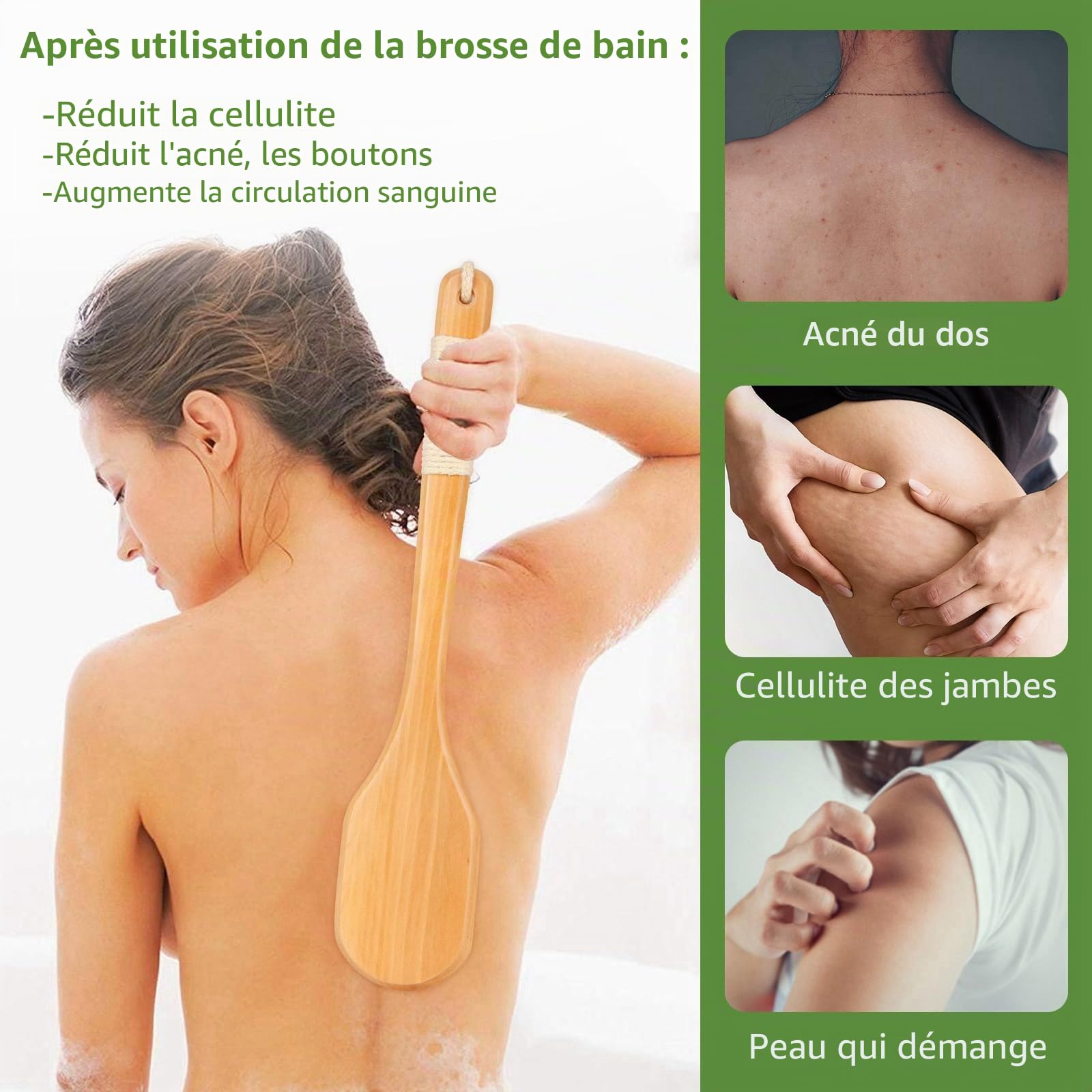 Brosse dos Douche, 44,5CM Brosse Exfoliante Corps en Bois, Poils Naturels Brosse Corps Longue Manche pour éliminer les Peaux Mortes et la Cellulite