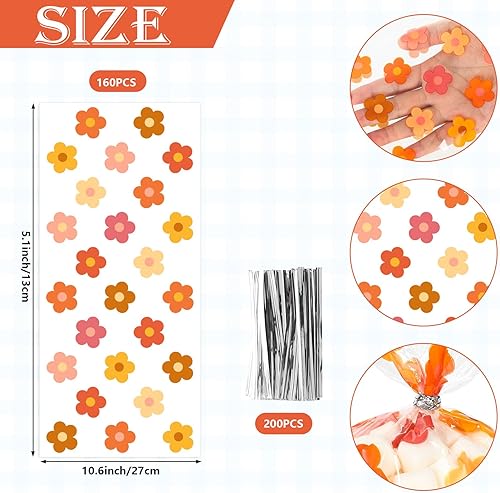 Miniatura 2 de Whaline 160 bolsas de celofán bohemio con estampado de flores hippie y bohemias, bolsas de plástico transparente con lazos para cumpleaños, baby