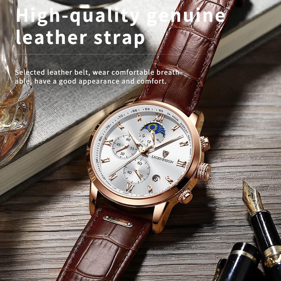 Weicam Men Casual Waterproof Roman Numerals Leather Band Analog Quartz Wristwatches with Chronograph Calender Business Watch