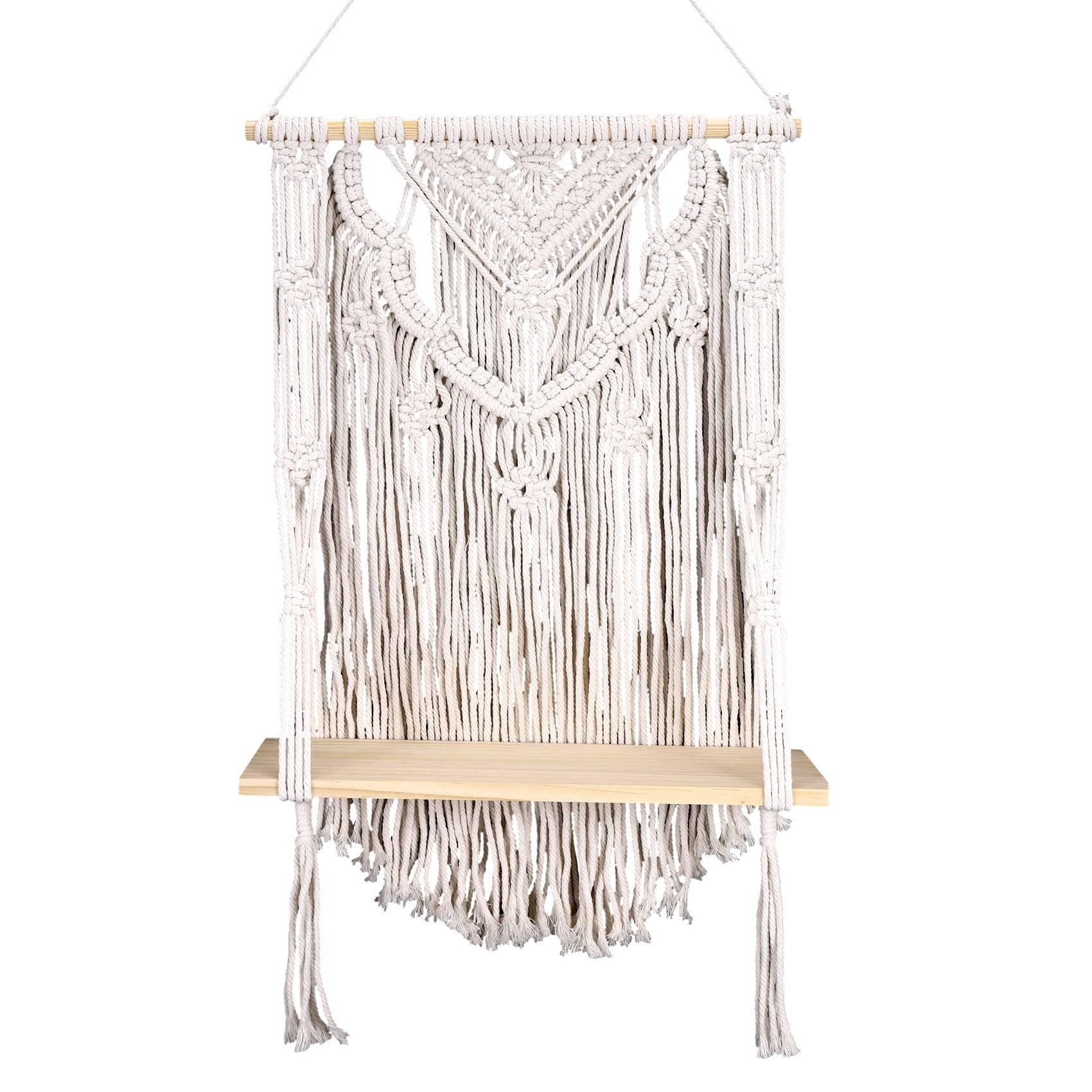Pesfehhy Macrame Wall Hanging Shelf, Single Tier Wood Floating Hanging Shelf Organizer Hanger, Wall Decor