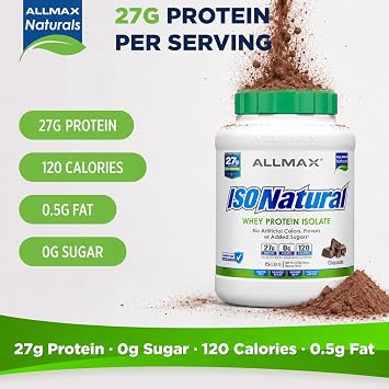 ALLMAX ISONATURAL Whey Protein Isolate Powder, 27g Protein Per Scoop, Sugar Free, Zero Fat, 99% Lactose Free, Gluten Free, No Artificial Flavors, Chocolate 73 Servings, 5 lb