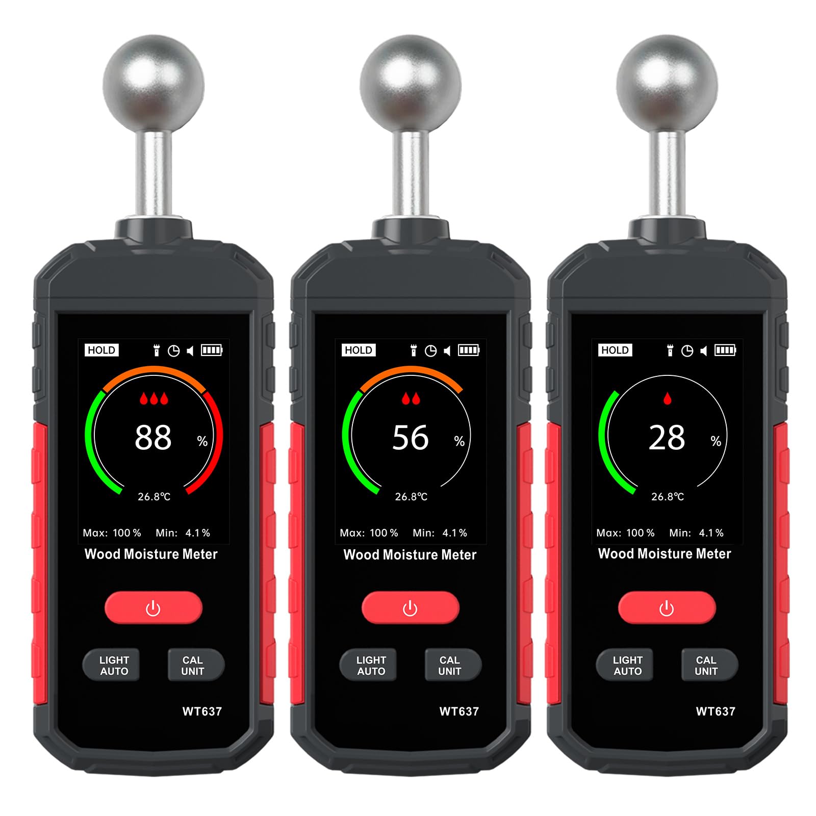 Medidor de madera recargable con sonda de bolas, alarmas ajustables y pantalla de temperatura para materiales de construcción, probador de suelo de pared