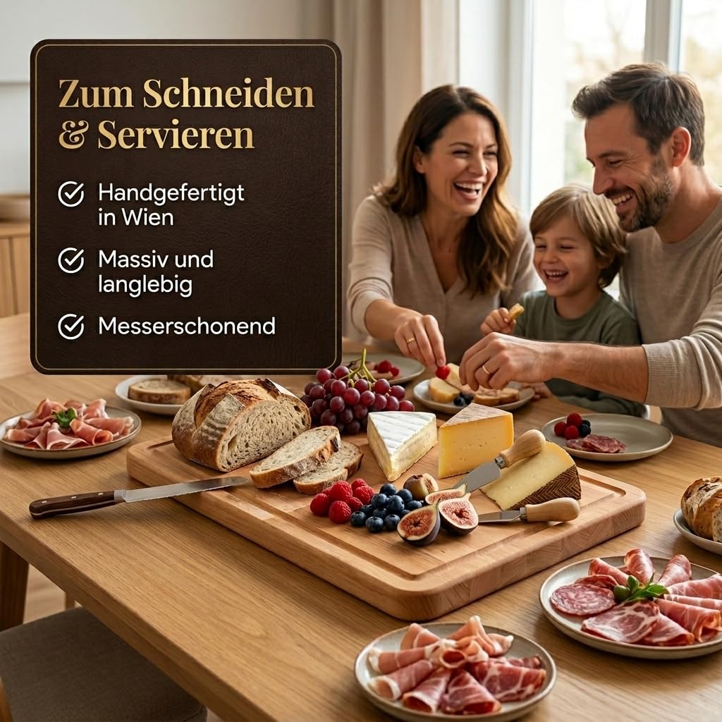 Planche à découper de qualité supérieure, en bois massif de hêtre huilé, avec rainure de jus, pour couper et servir, qualité artisanale autrichienne, pour la cuisine et le service, utilisable