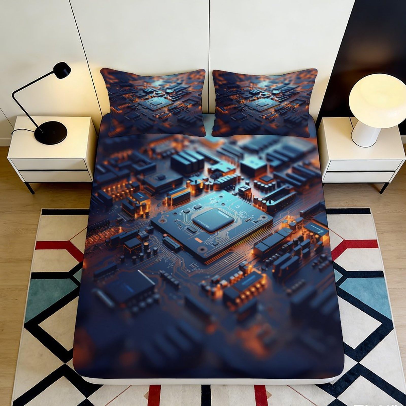 Dhbaneiok Style-2 3D Printed Circuit Board Fitted Sheet Microfiber Soft Tech Pattern Bed Cover For Bedroom Dorm Mattress Decor 90X200x25cm