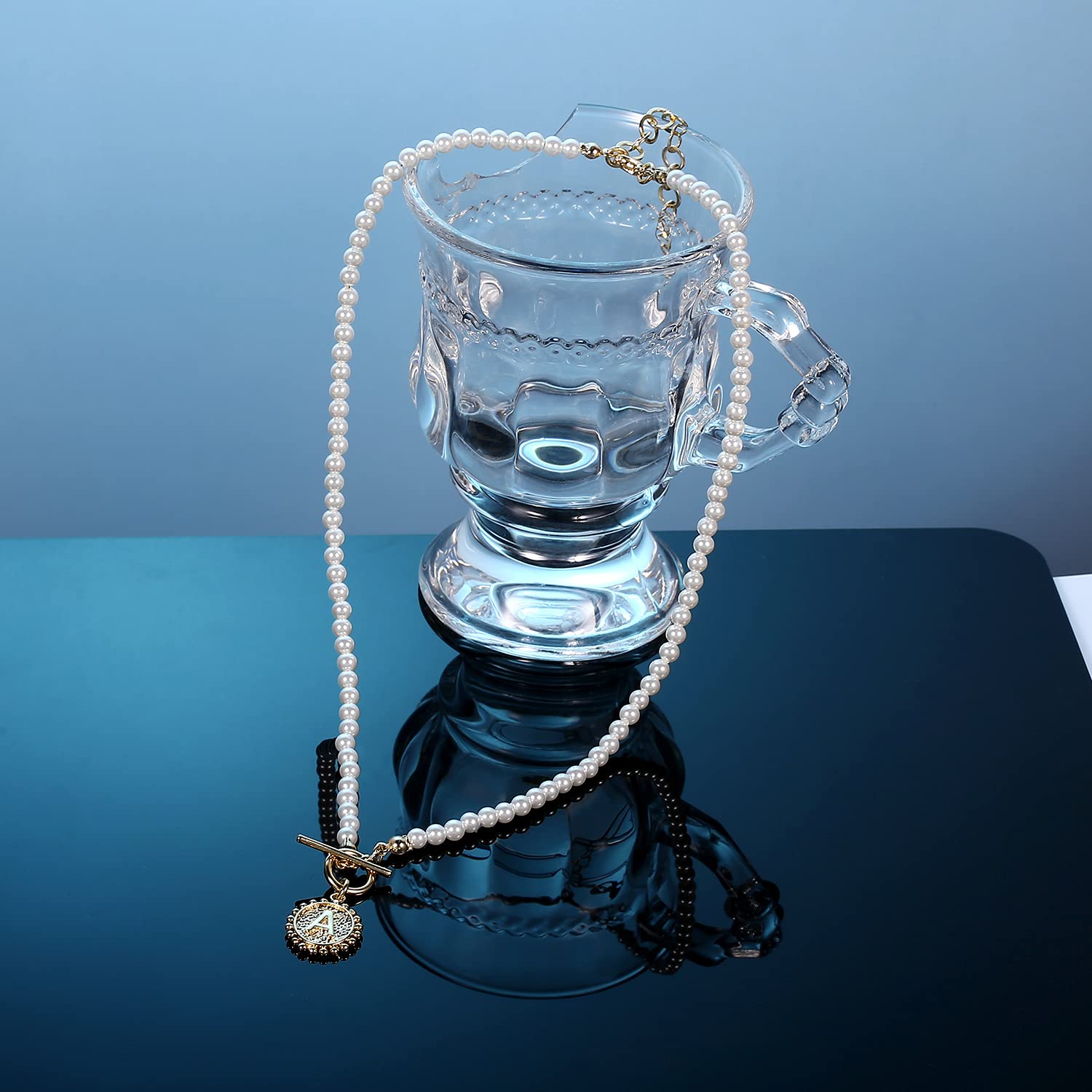 Initial Choker Pearl Necklace for Women, 14K Gold Plated Handmade 4MM Simulated Pearl Necklace Choker Dainty Toggle Clasp T Initial Coin Pendant Pearl Necklace Jewelry Gifts for Women (T)