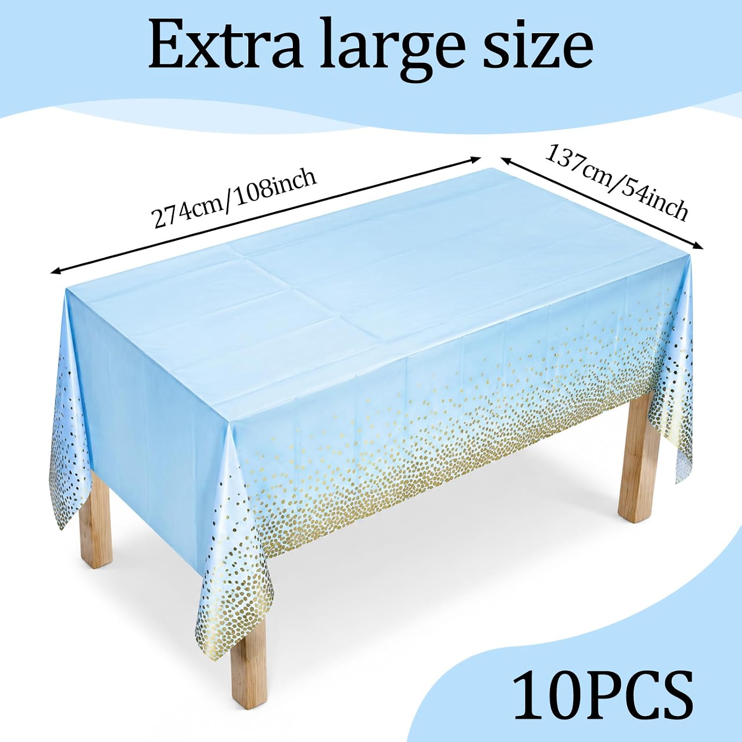 10-Pack Blue and Gold Dot Tablecloth, Rectangle Disposable Table Cover, 54x108 Inch Teal Blue Plastic Tablecloth for Birthday Wedding Baby Shower Engagement Anniversary Bachelorette Party Decor