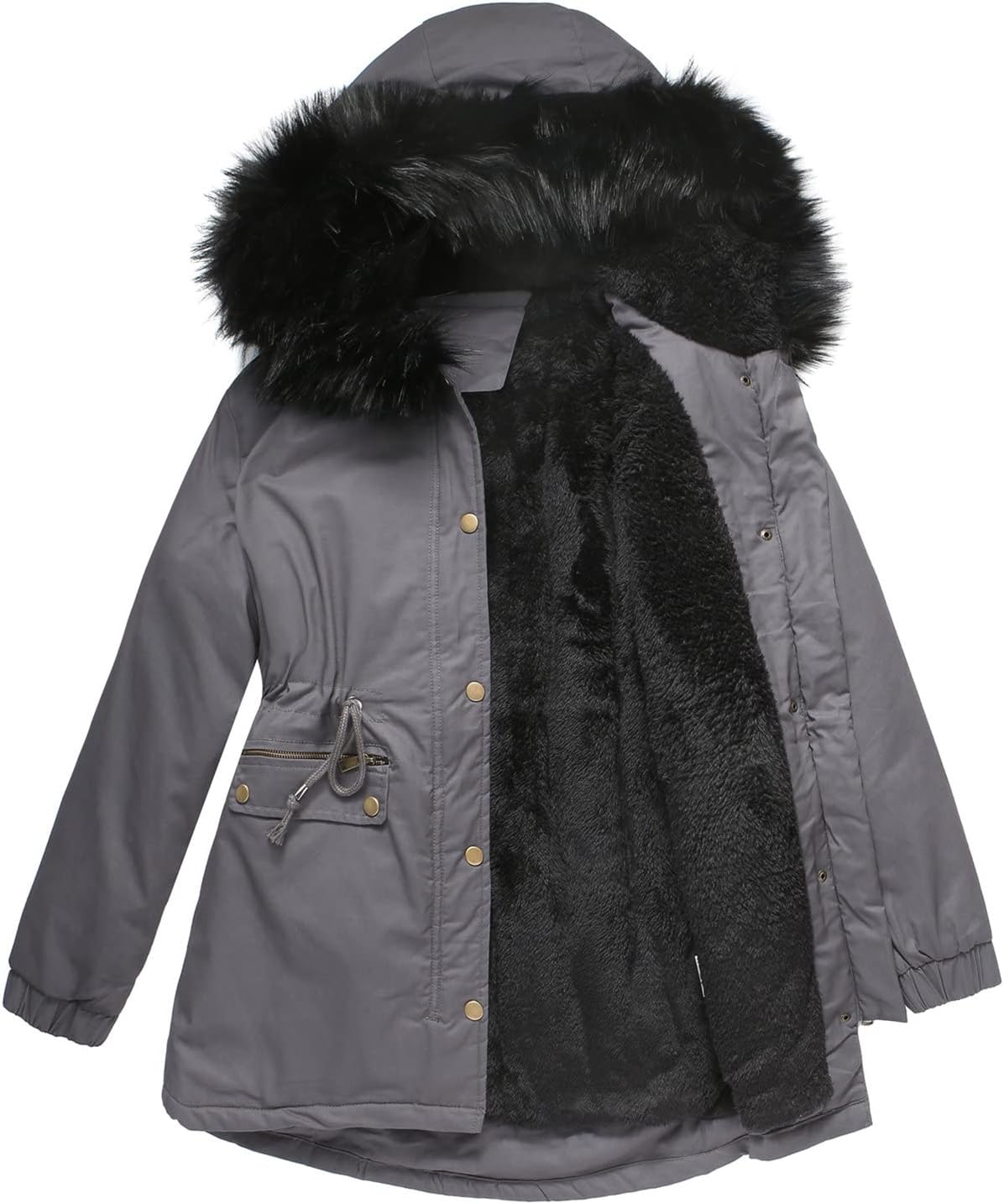 Womens Hooded Warm Winter Solid Color Thicken Fleece Lined Parkas Long Coats Button Mid-Length Quilted Puffer Jacket
