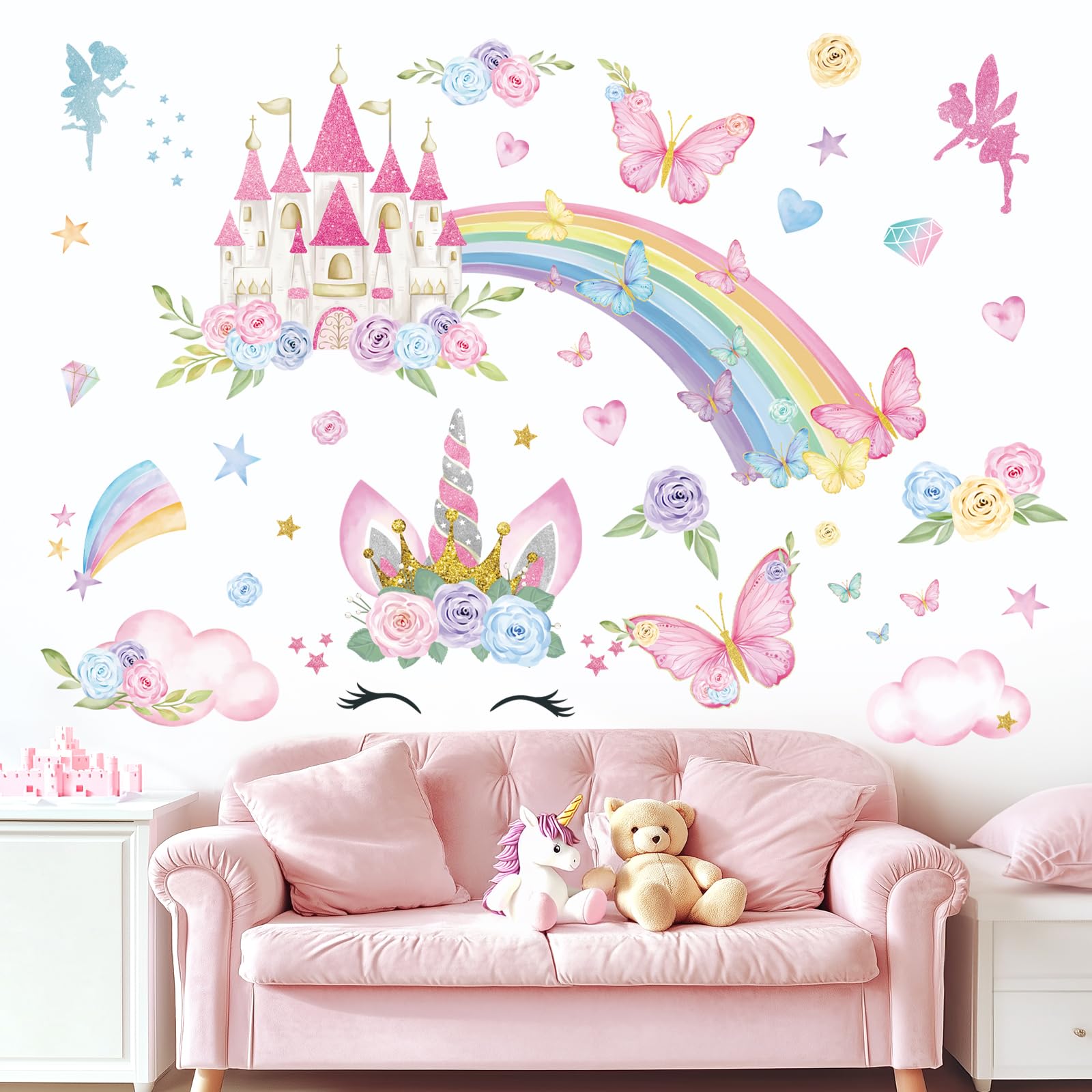 FUFUQUARE Rainbow Unicorn Wall Stickers Colorful Cute Castle Butterfly Flowers Peel and Stick Wall Decals for Girls Bedroom Nursery Living Room - Image 2