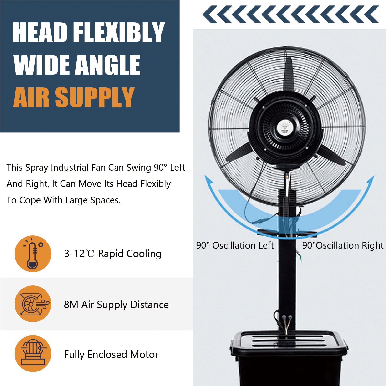 Ventilador oscilante de Pedestal con nebulización, 3 Modos de Viento, Ventilador de refrigeración Ajustable en Altura para jardín, Patio Trasero