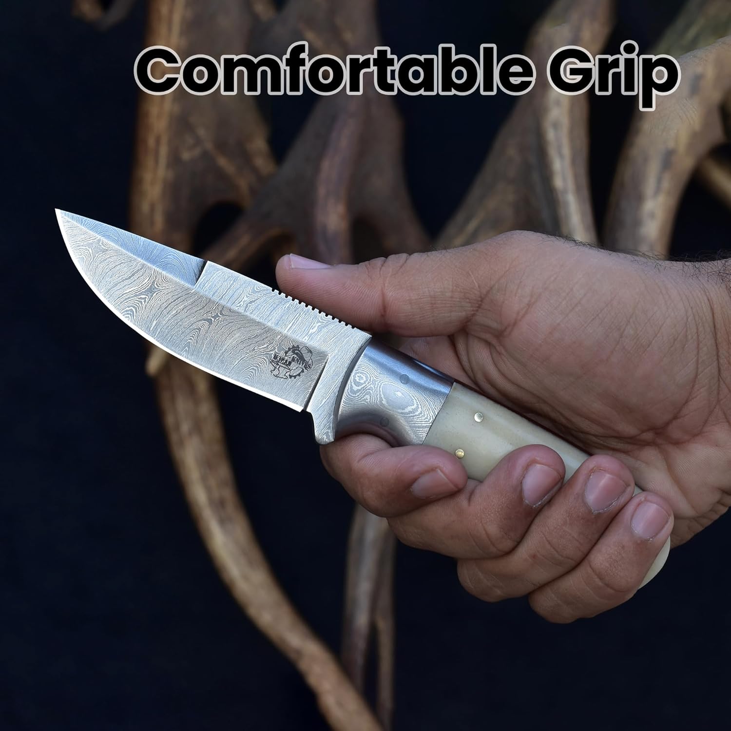 Knives Ranch Handmade All-Rounder Damascus Steel 7-1/2" Knife with Cattle Bone Handle and Heavy-Duty Leather Horizontal Carrying Cowboy Style Sheath (2142-B)