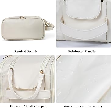 Makeup Bag Large Capacity with Compartments & Handle, PU Leather Travel Makeup Bag Waterproof, Cosmetic Bag Portable, Make Up Bag with Clear Divider for Women