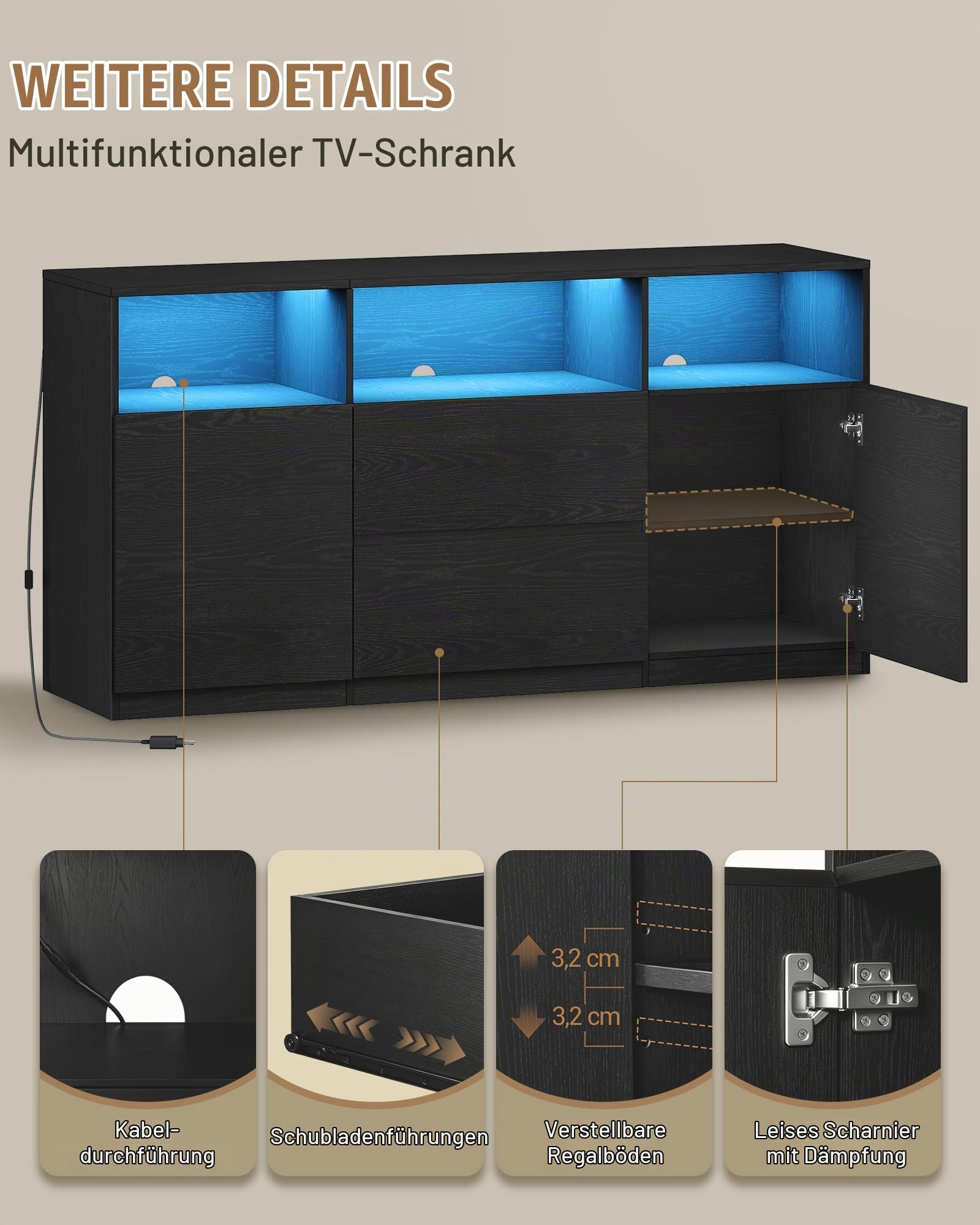 Hzuaneri TV-Schrank mit RGB LED-Beleuchtung(25 Farben), Schwarz