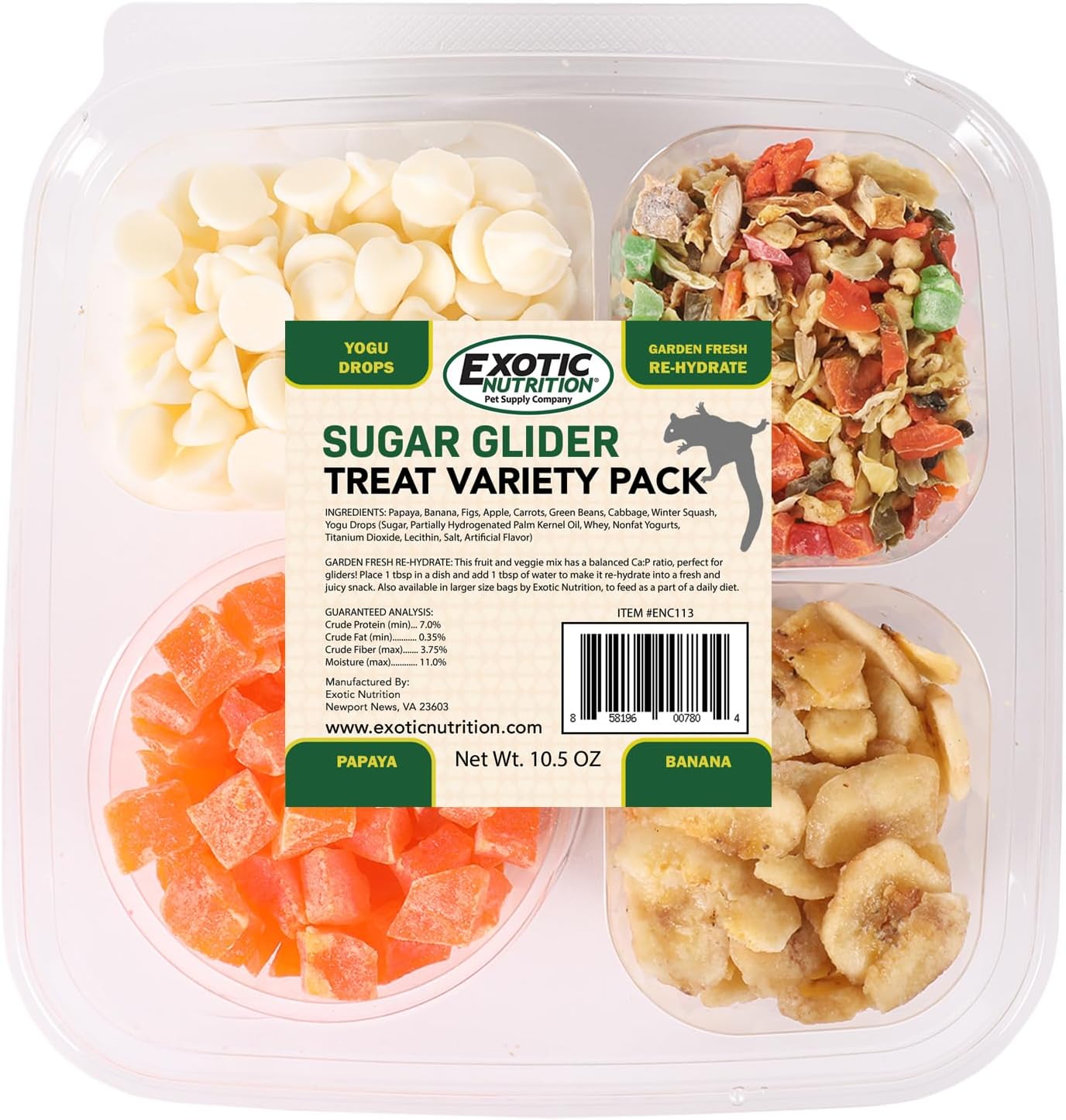 Sugar Glider Treat Variety Pack (9.5 oz.) - Healthy Natural Sugar Glider Treat Assortment - Yogurt Drops, Crunchez Berry Blend, Dried Papaya, Dried Pineapple - Sampler Variety Value Package