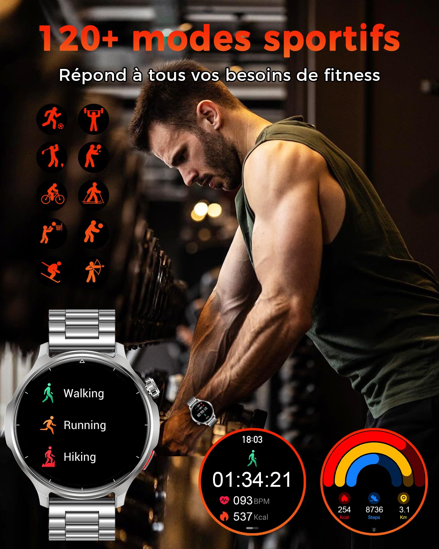 Montre Connectée Homme 1,52", Batterie 1000 mAh, Appels Bluetooth | Fréquence Cardiaque, SpO₂, Sommeil et Stress, 120+ Modes Sport, Podomètre, IP68 Étanche, Android iOS, Deux Bracelets, Argent