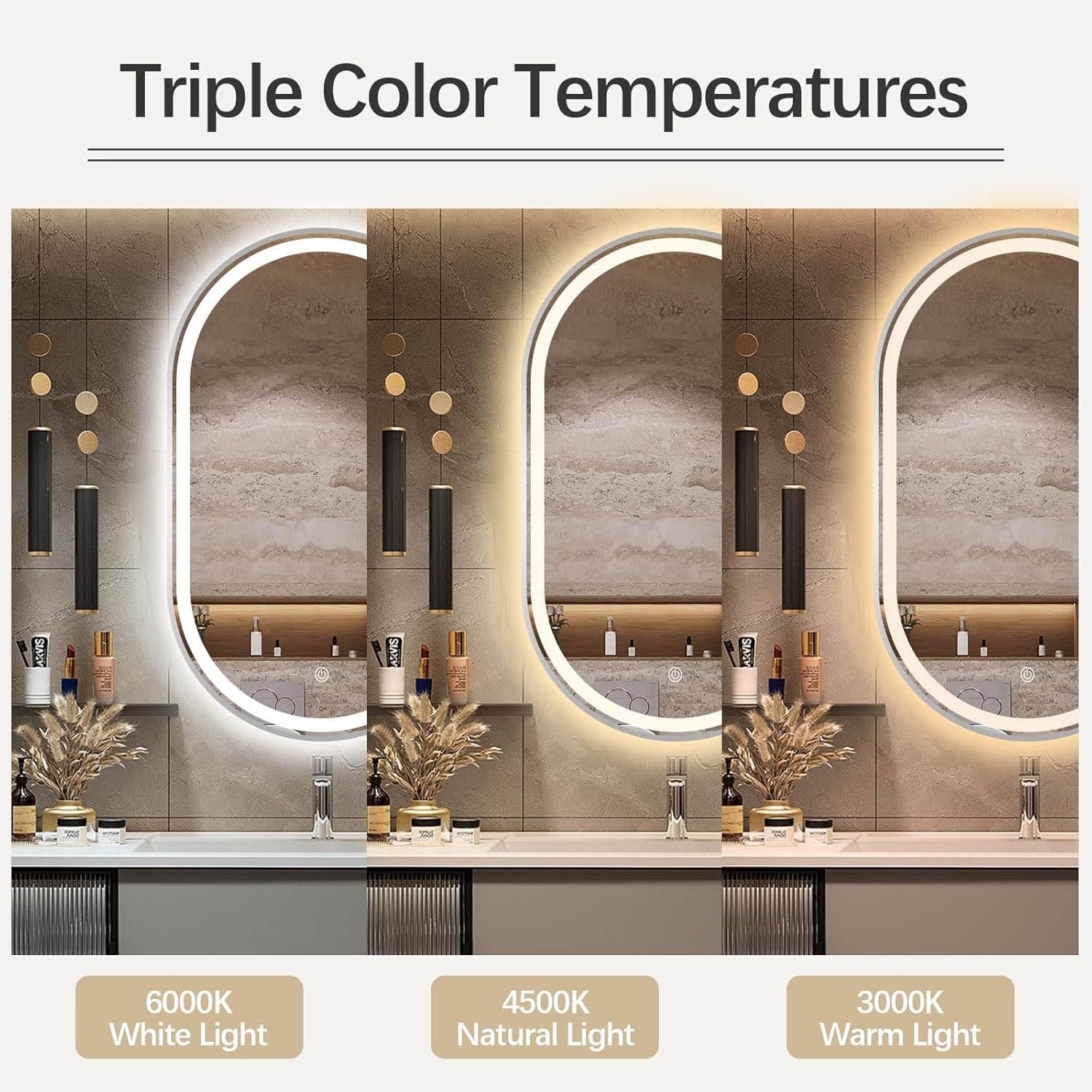 Espejo de pared Moderno ovalado de 91 cm con Luz regulable en 3 Colores, Espejo de baño LED sin Marco de 81 cm, antivaho para tocador, Control táctil, 120 x 70 cm (120 x 70 cm) (Un Solo Colo