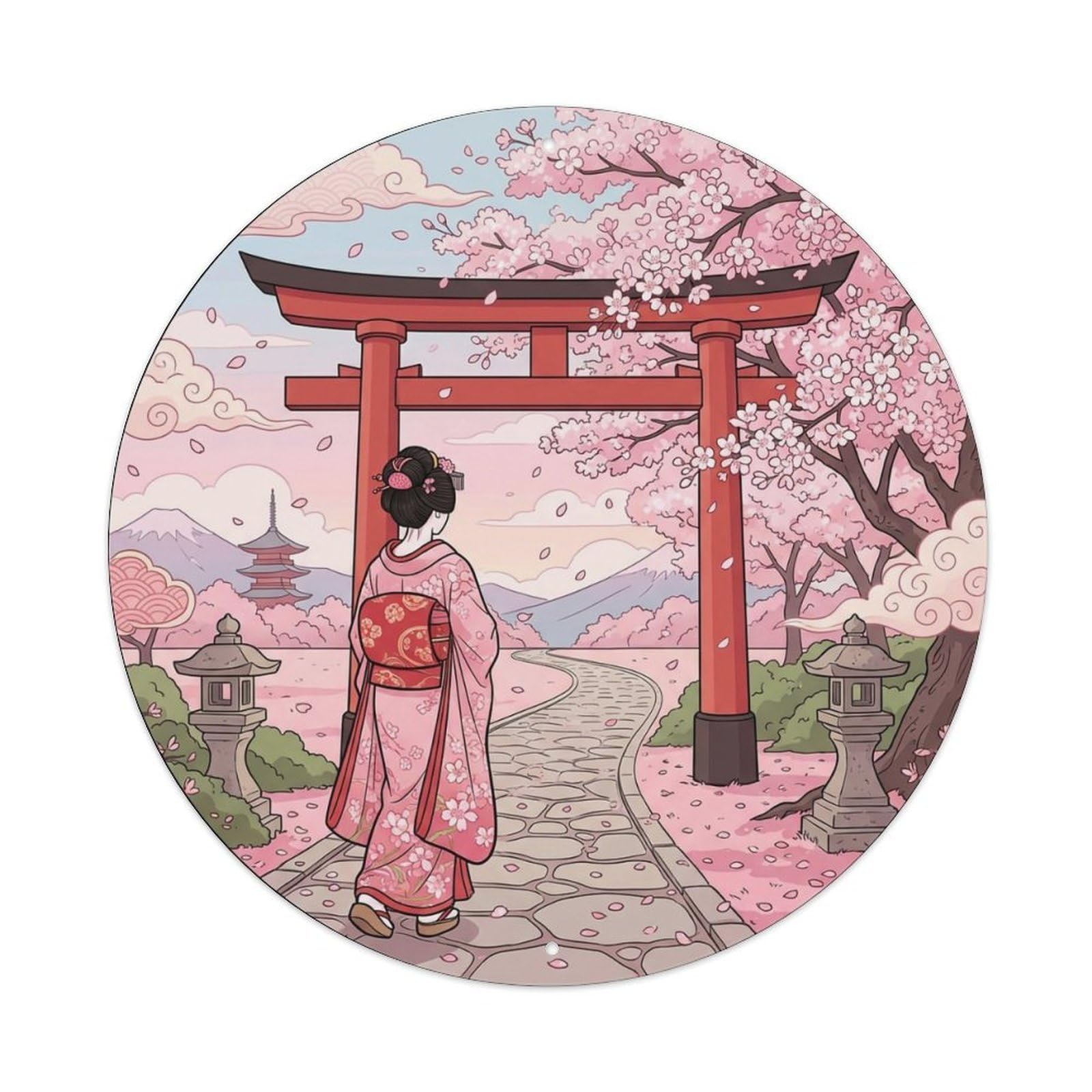 Yrnq 8X8inch Vintage Style Japanese Kimono Lady Torii Cherry Blossom Classic Scene Metal Tin Sign