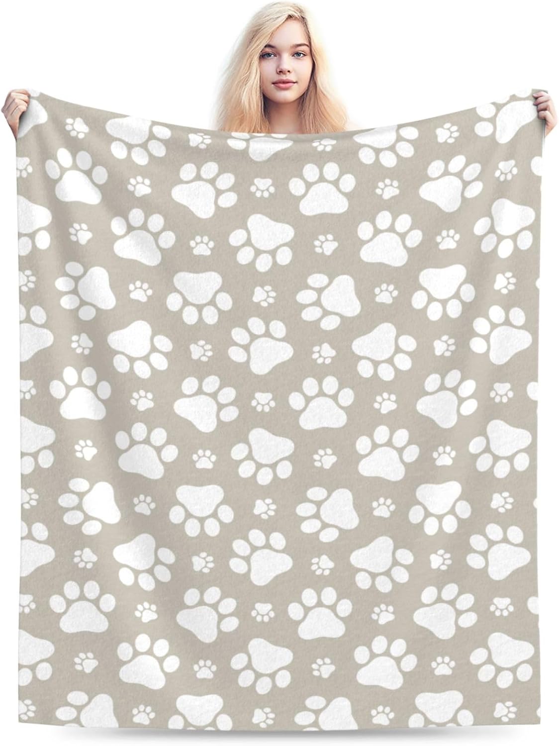 Cute Dog Paws Beige Throw Blankets Ultra Soft Fleece Blanket for Sofa Couch Camping Travel Lightweight & Warm Puppy Animal Footprint Bed Blanket for All Seasons Home Decor, 50"X40"