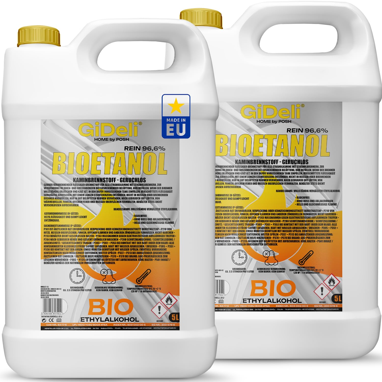 GiDeli Bioéthanol - 10 l - Sans odeur - 96,6 % d'éthanol - Pour l'intérieur et l'extérieur - Fabriqué à partir de maïs et de betterave sucrière