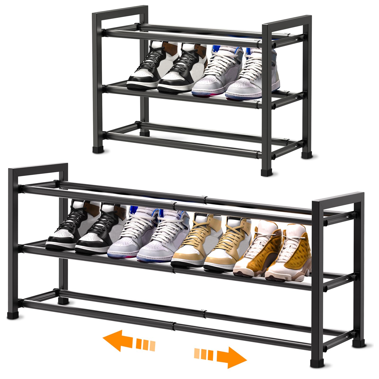 Expandable Shoe Rack for Closet, Adjustable Small Shoe Rack for Entryway, Shoe Rack for Closet Small Space, Extendable Shoe Organizer for Front Door,Sturdy Metal Shoe Rack, Black 3-Tier