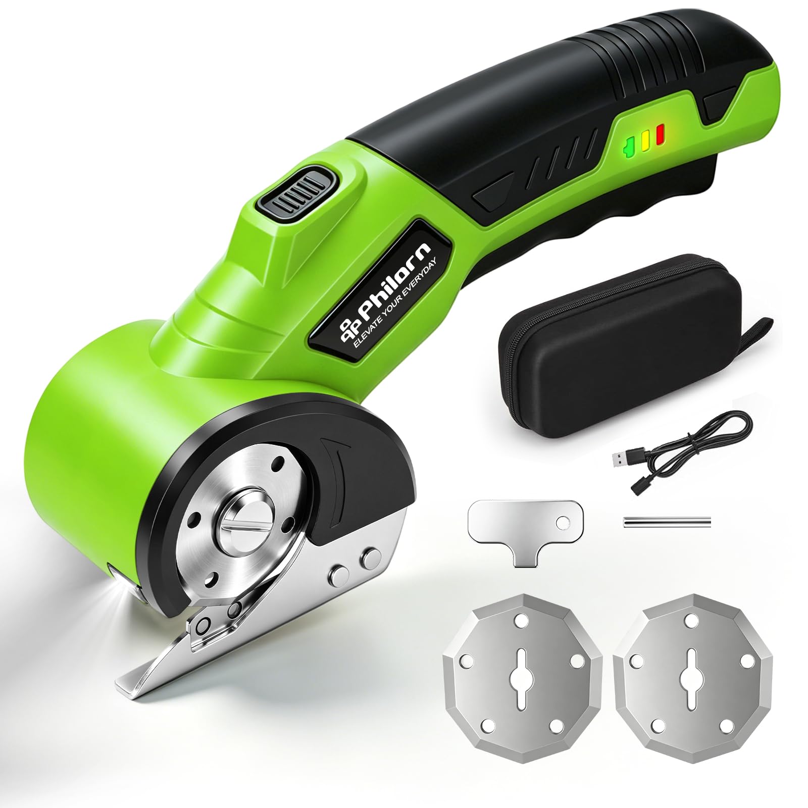 Philorn Elektrische Schere Kartonschneider,mit Sicherheitsverriegelung, LED-Licht und 2 Ersatzklingen für Stoff, Teppiche, Kunststoff, Aluminiumblech und Karton mit USB-C-Ladeanschluss(grün)